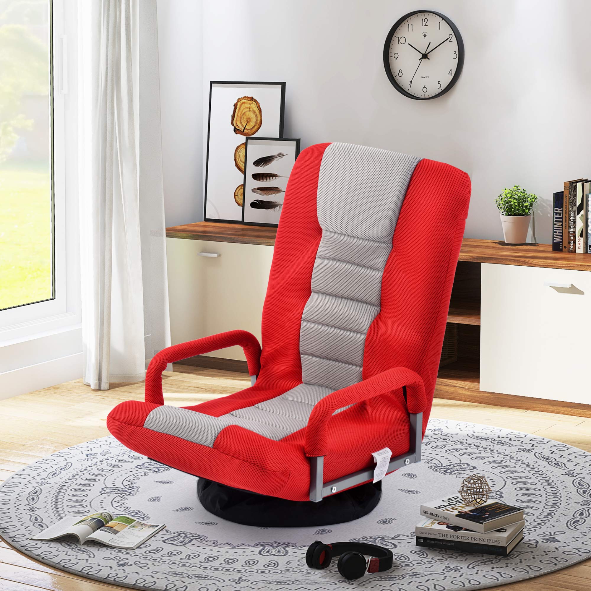 DishyKooker Swivel Video Rocker Gaming Chair - Adjustable 7-Position Floor Chair & Folding Sofa Lounger for Adults - Ergonomic Design for Gaming, Movie Watching & Relaxing - Perfect for Bedroom, Living Room & Game Room (Red)
