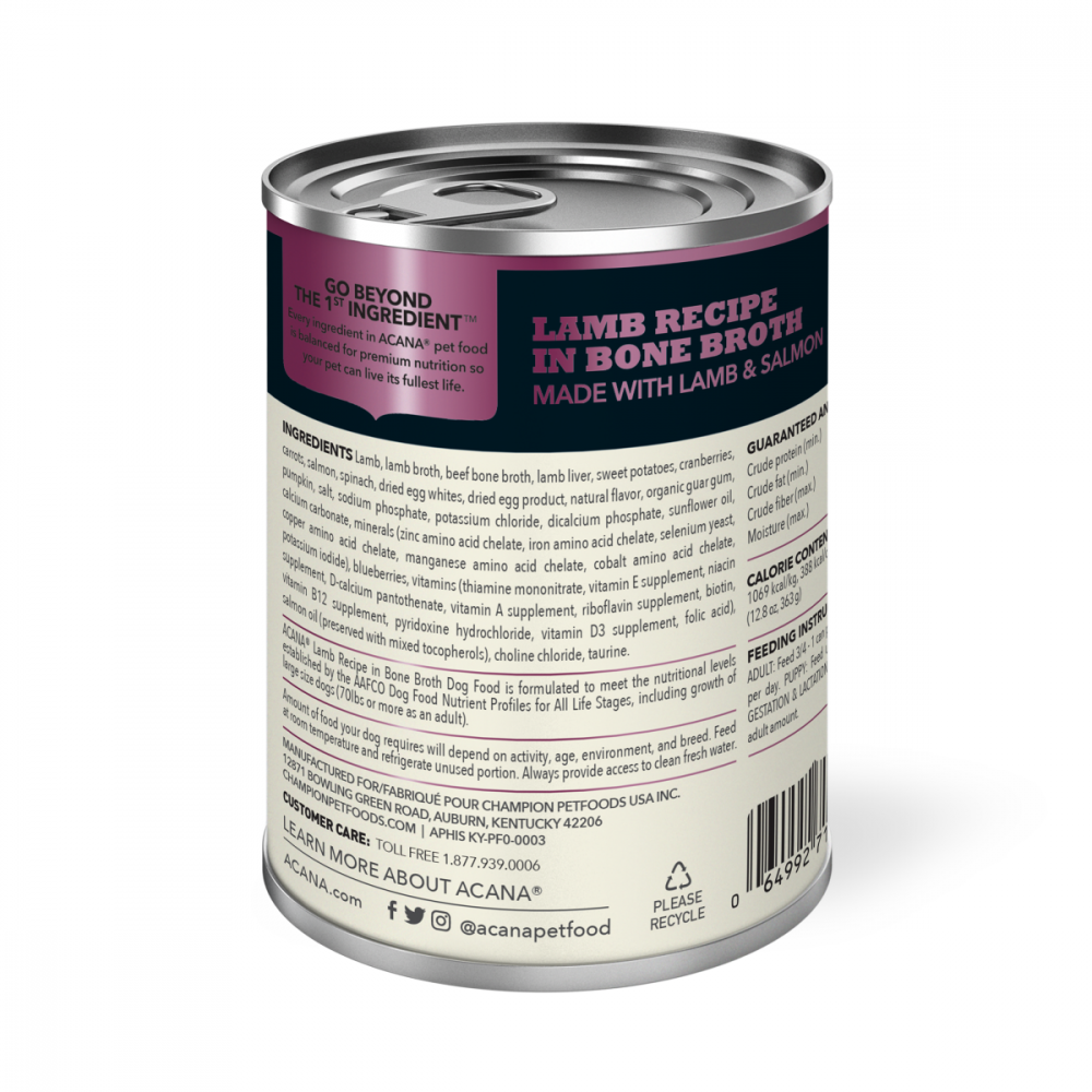 ACANA Premium Grain-Free Wet Dog Food with Lamb Recipe in Bone Broth - High Protein, Natural Ingredients for Adult Dogs - Perfect for Mealtime, Training Treats & Picky Eaters