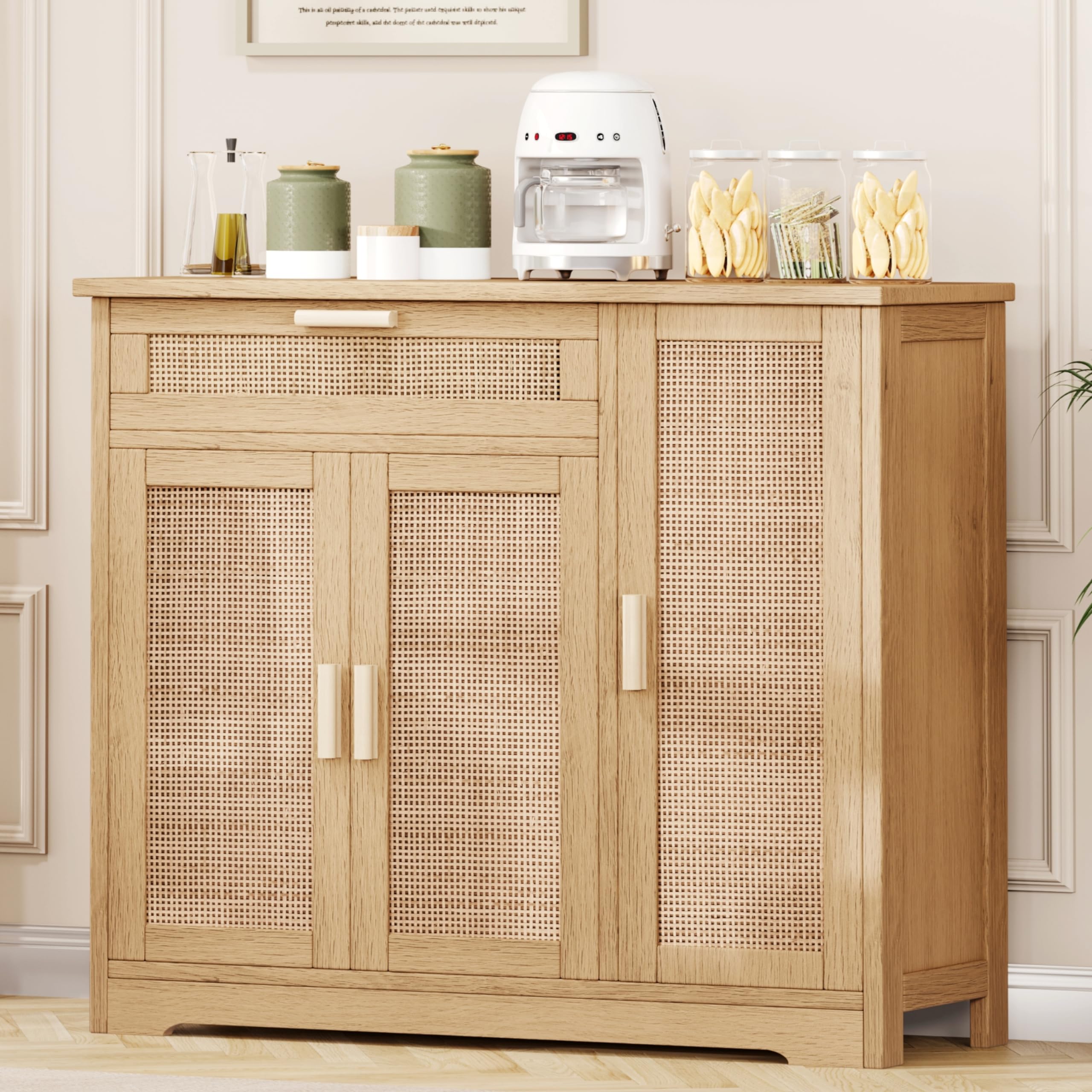 Rattan Sideboard Buffet Cabinet with 3 Doors & Drawers - Adjustable Shelf Floor Storage Cabinet for Kitchen, Living Room, Hallway - Natural Wood TV Stand, Dining Room Furniture, Home Decor (KES001MCWG)