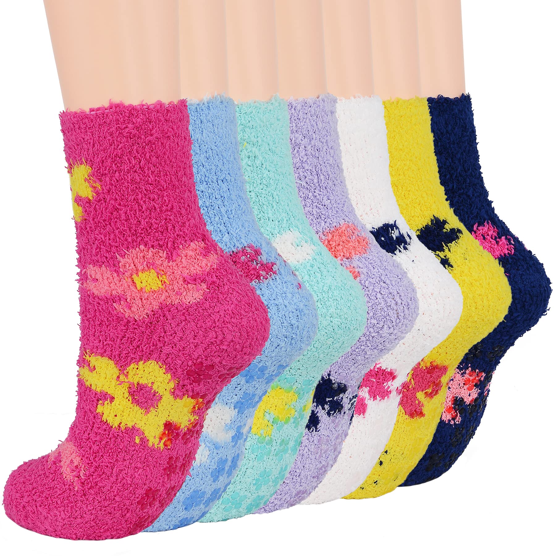 **Zando Women's Fuzzy Gripper Socks - Warm, Cozy & Anti-Slip Fluffy Socks with Seven Flowers Design - Super Soft & Non-Slip for Indoor, Lounge & Winter Wear**
