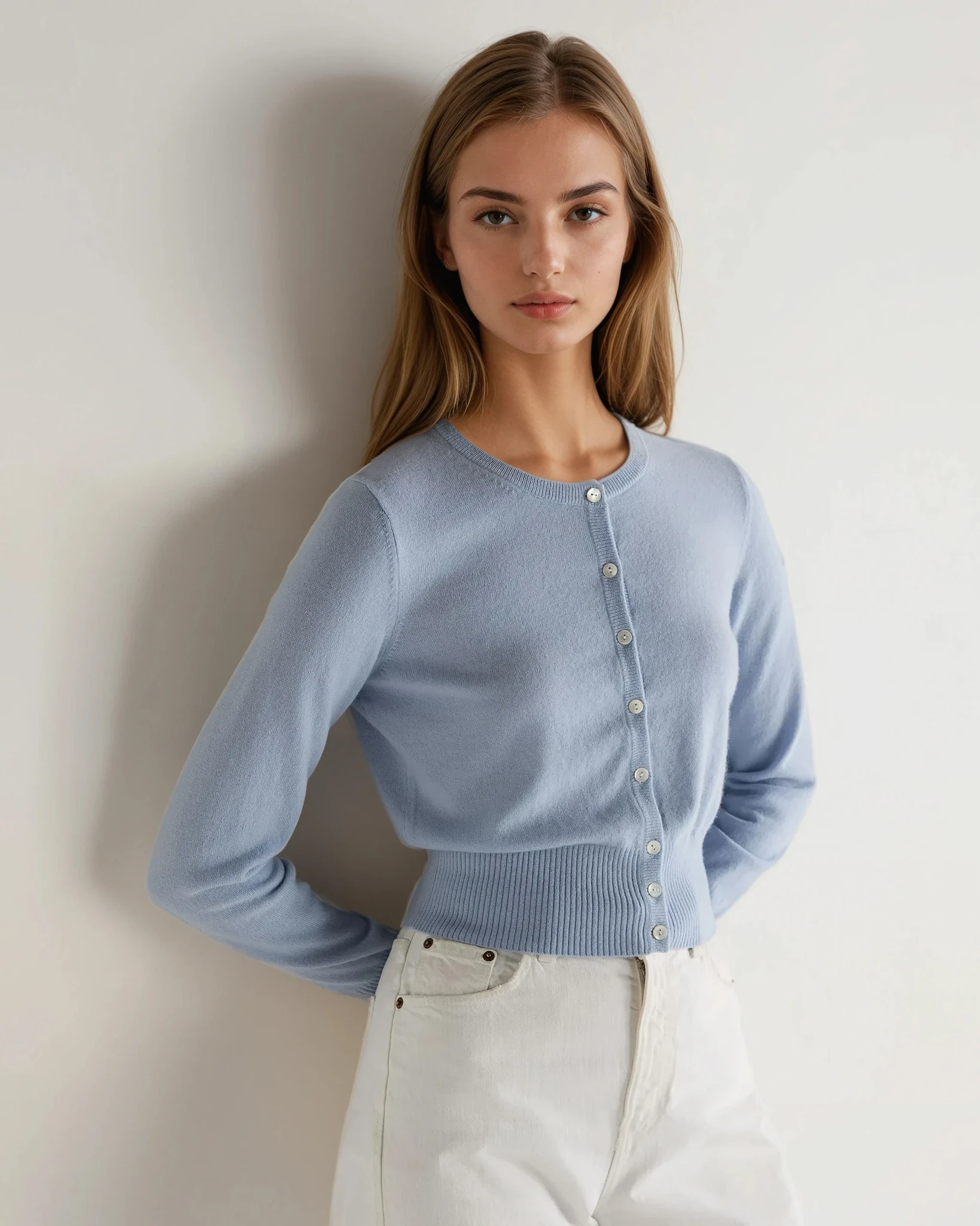 Women's Ivy Cropped Cashmere Cardigan - Soft Luxurious Knit Sweater in Sea Mist Blue | Perfect for Fall Layering & Office Wear