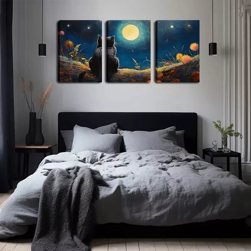 3-Piece Black Cat Wall Art Set - Under The Moon Canvas Framed 40x60cm - High Quality Print - 100% Australian Made - Ready to Hang - Perfect for Living Room, Bedroom & Office Decor