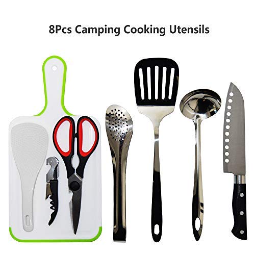 Portable Camp Kitchen Utensil Organizer Set - Stainless Steel BBQ & Camping Cookware Kit with Cutting Board, Tongs, Scissors, Knife, Ladle & Spatula - Perfect for Outdoor Cooking, Picnics & RV Travel