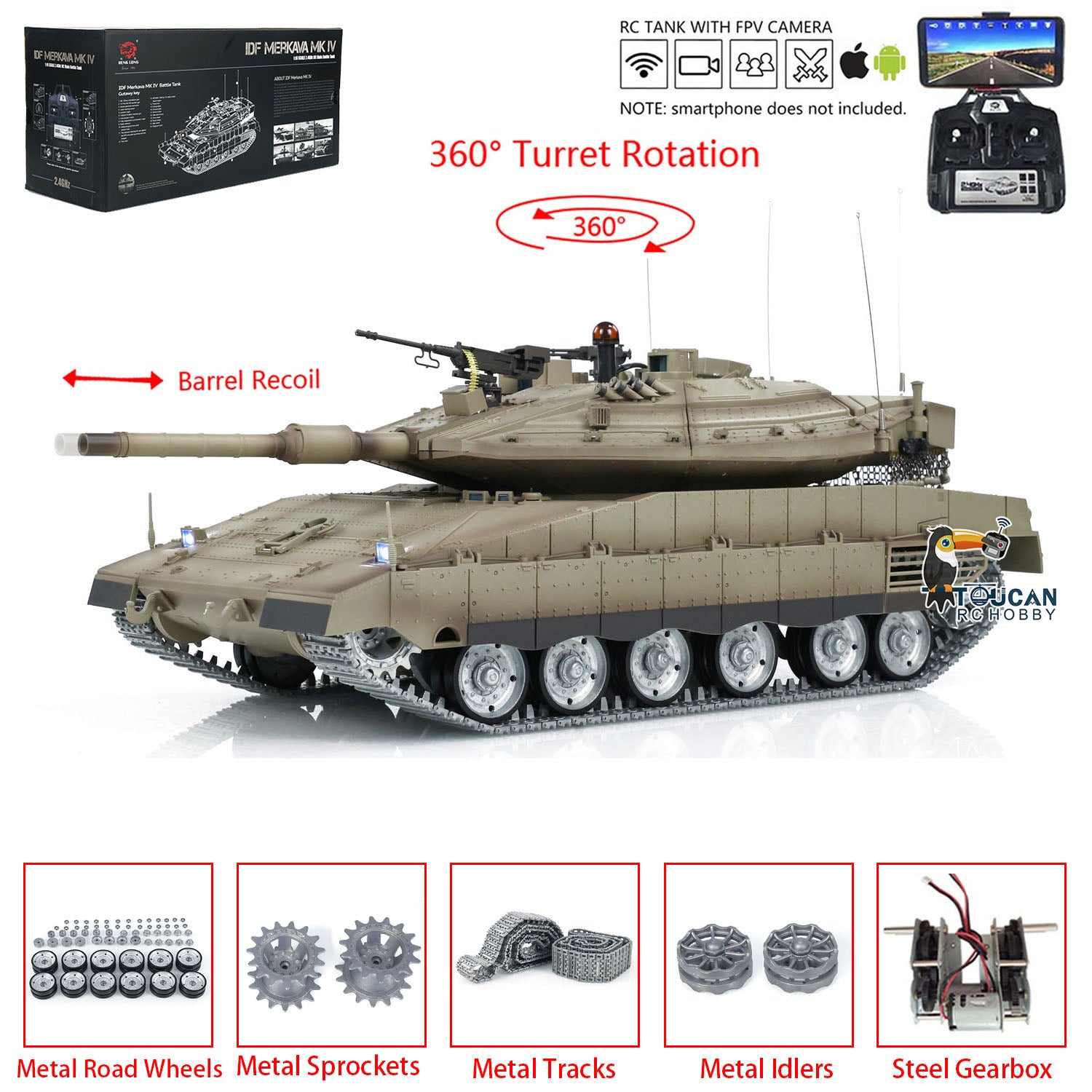 Heng Long 1/16 Scale Remote Control Tank - IDF Merkava MK IV Pro Edition with Metal Road Wheels & Tracks | FPV RC Military Vehicle for Adults & Collectors | Battle Simulation & Outdoor Play