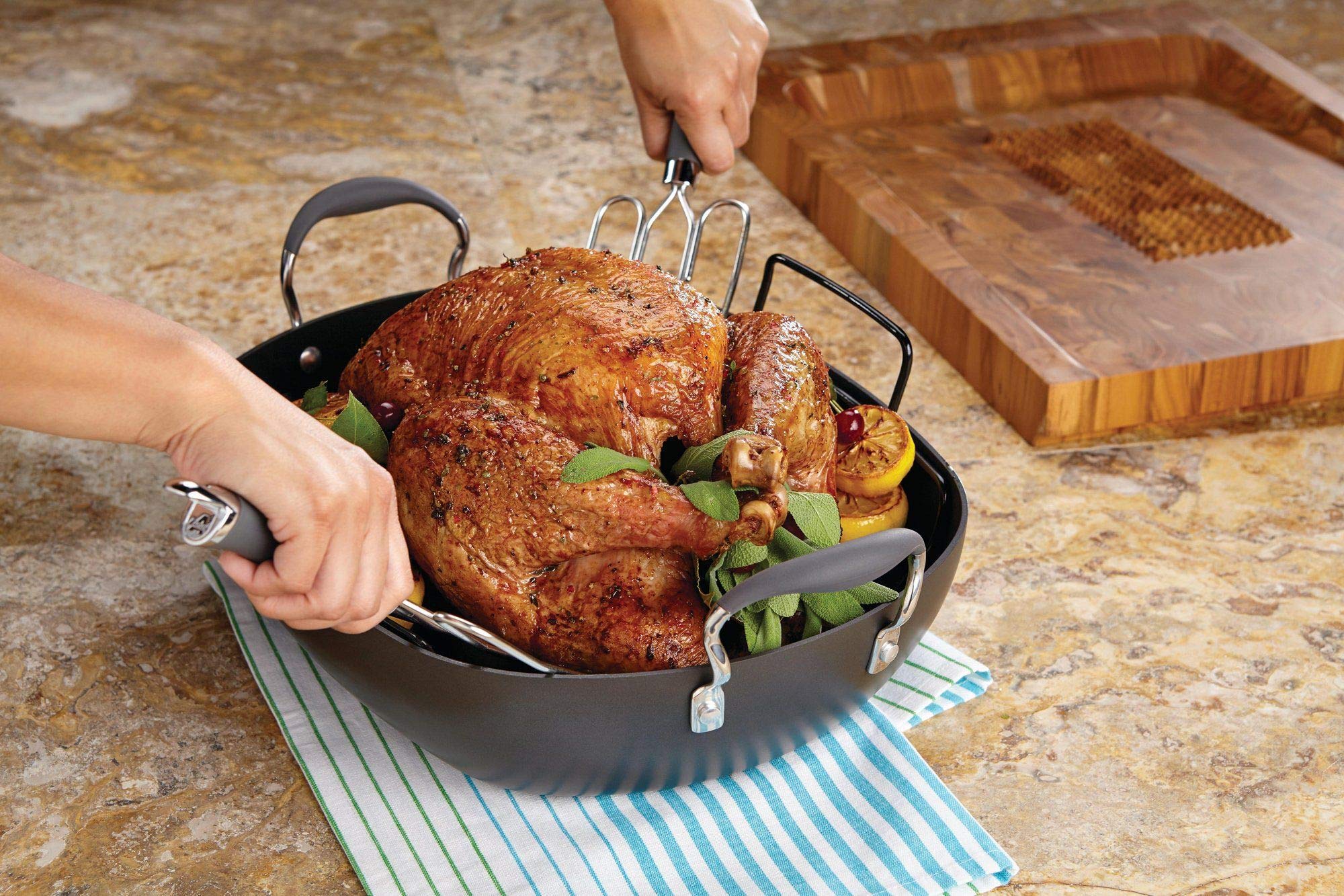 Anolon Advanced Hard Anodized Nonstick 16x13 Inch Roaster Pan Set with Utensils - Gray | Oven Safe Roasting Pan for Turkey, Chicken & Vegetables | Perfect for Holiday Dinners & Family Meals