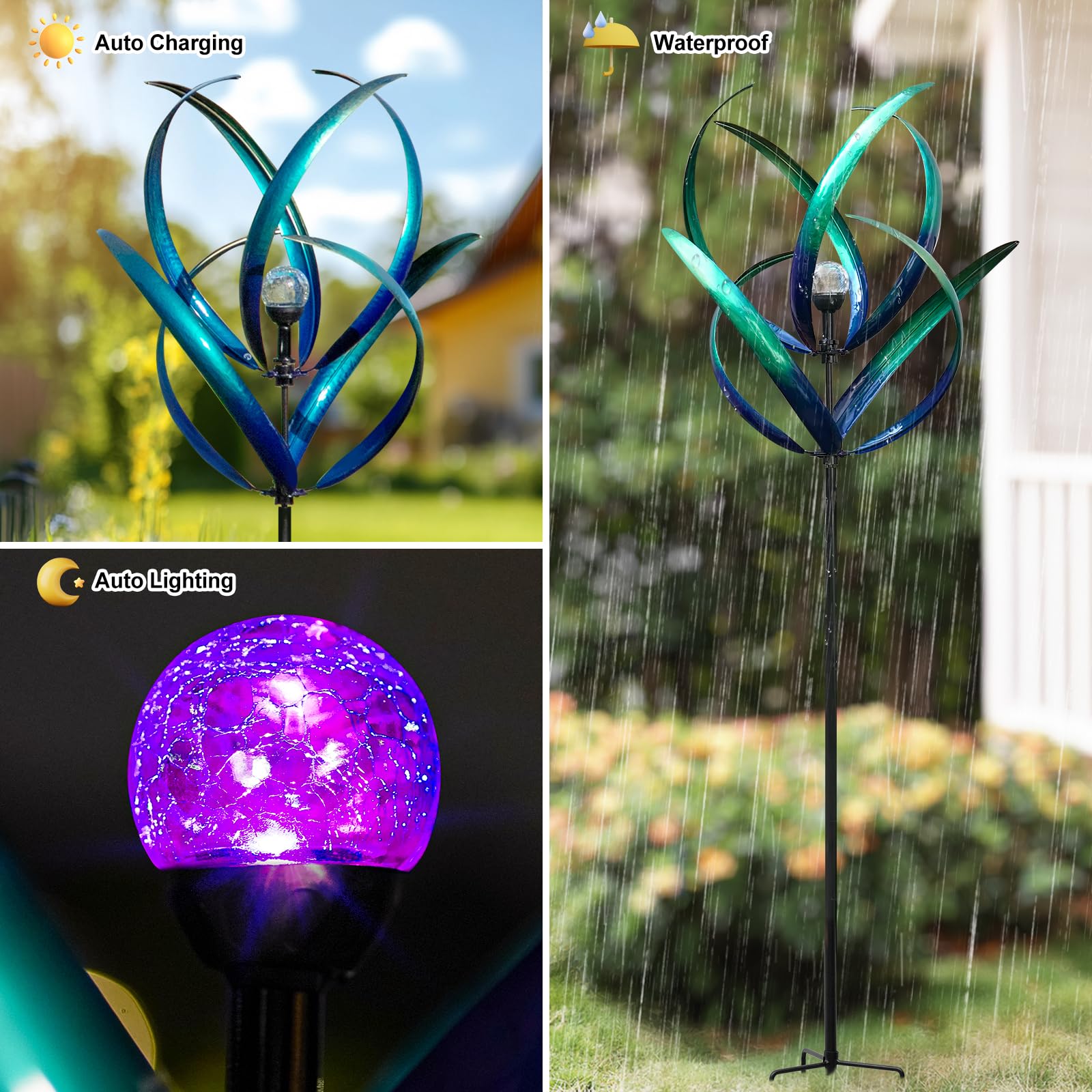 82'' Solar-Powered Metal Wind Spinner - Peacock Blue Outdoor Yard Art for Garden, Lawn & Patio Decor | Weather-Resistant Wind Sculpture with LED Lights | Unique Gift for Family & Friends | Perfect for Backyard, Front Yard & Outdoor Parties