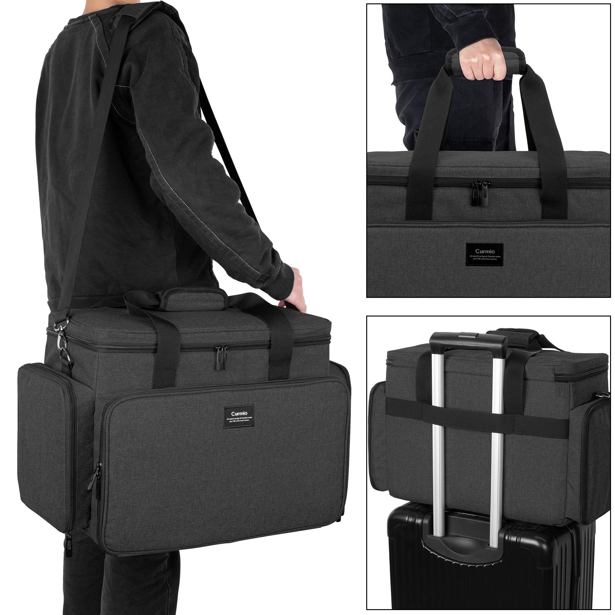 CURMIO Universal Sewing Machine Carrying Case - Travel Tote Bag with 2 Removable Transparent Zipper Pouches for Sewing Supplies, Fits Most Standard Machines (Black, Patented Design) - Perfect for Home Use, Classes & Craft Fairs