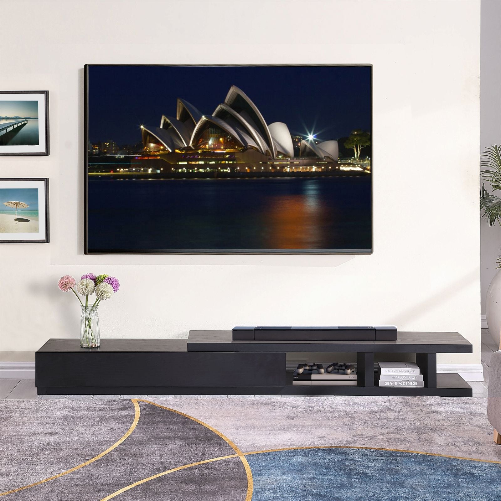 Criterion Coventry Extendable TV Stand 279cm - Black Oak Entertainment Center for Living Room, Home Theater & Media Storage