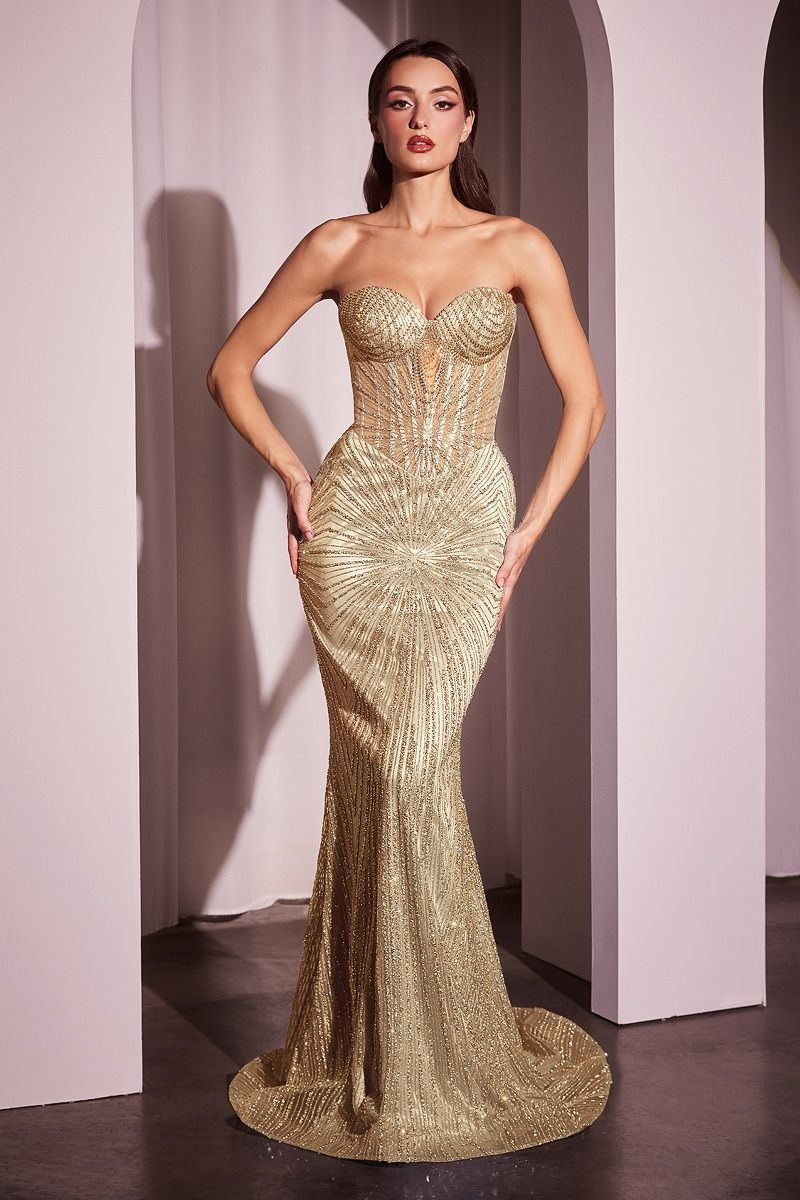 Maddox Gold Strapless Glitter Embellished Gown - Elegant Evening Dress for Prom, Wedding & Special Occasions