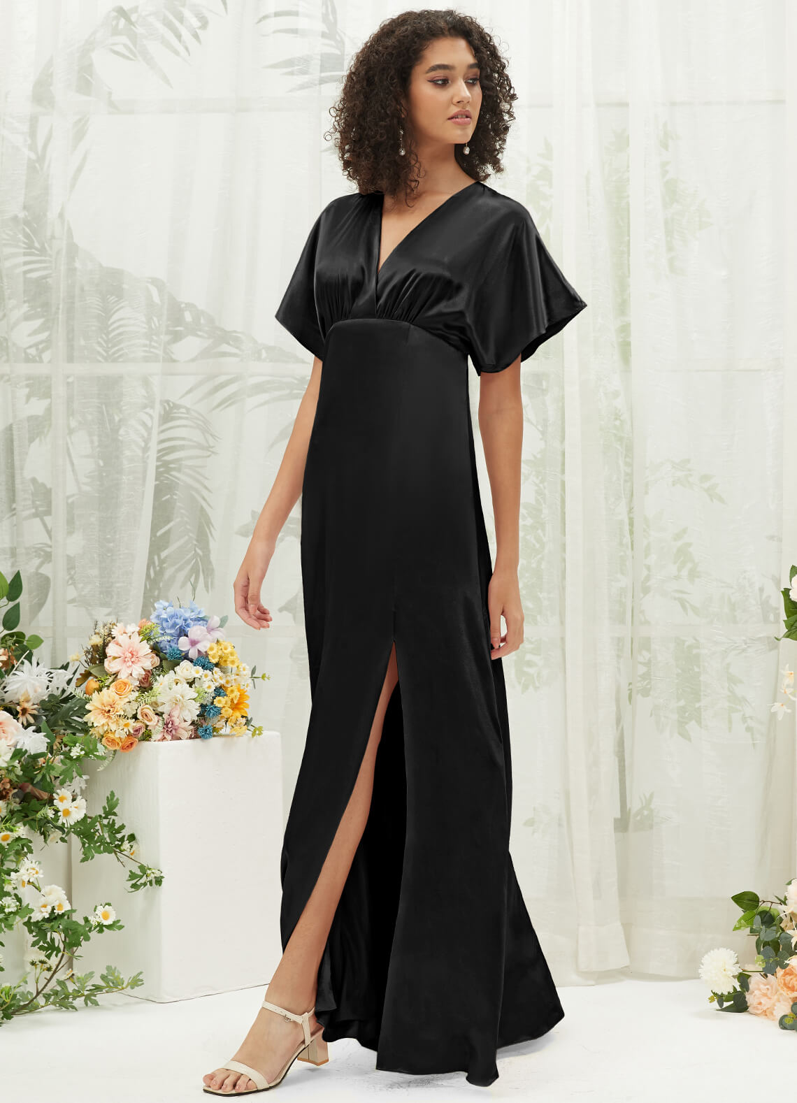 Elegant Black V-Neck Short Sleeve Satin Maxi Bridesmaid Dress with High Slit - Perfect for Weddings, Formal Events & Evening Parties