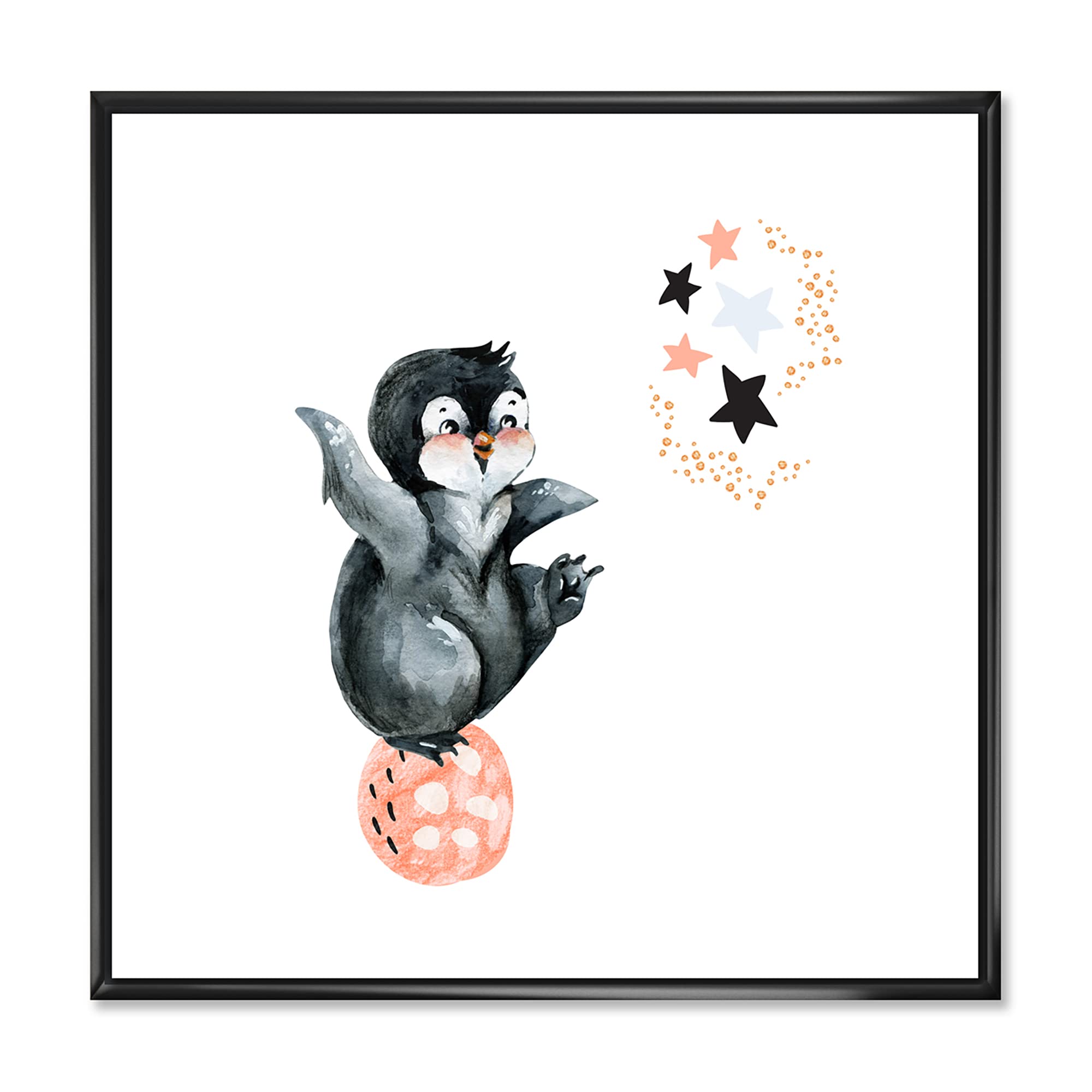 DesignQ Little Penguin with Stars and Planets II - Modern Farmhouse Framed Canvas Wall Art Print - Perfect for Nursery, Kids Room & Living Room Decor