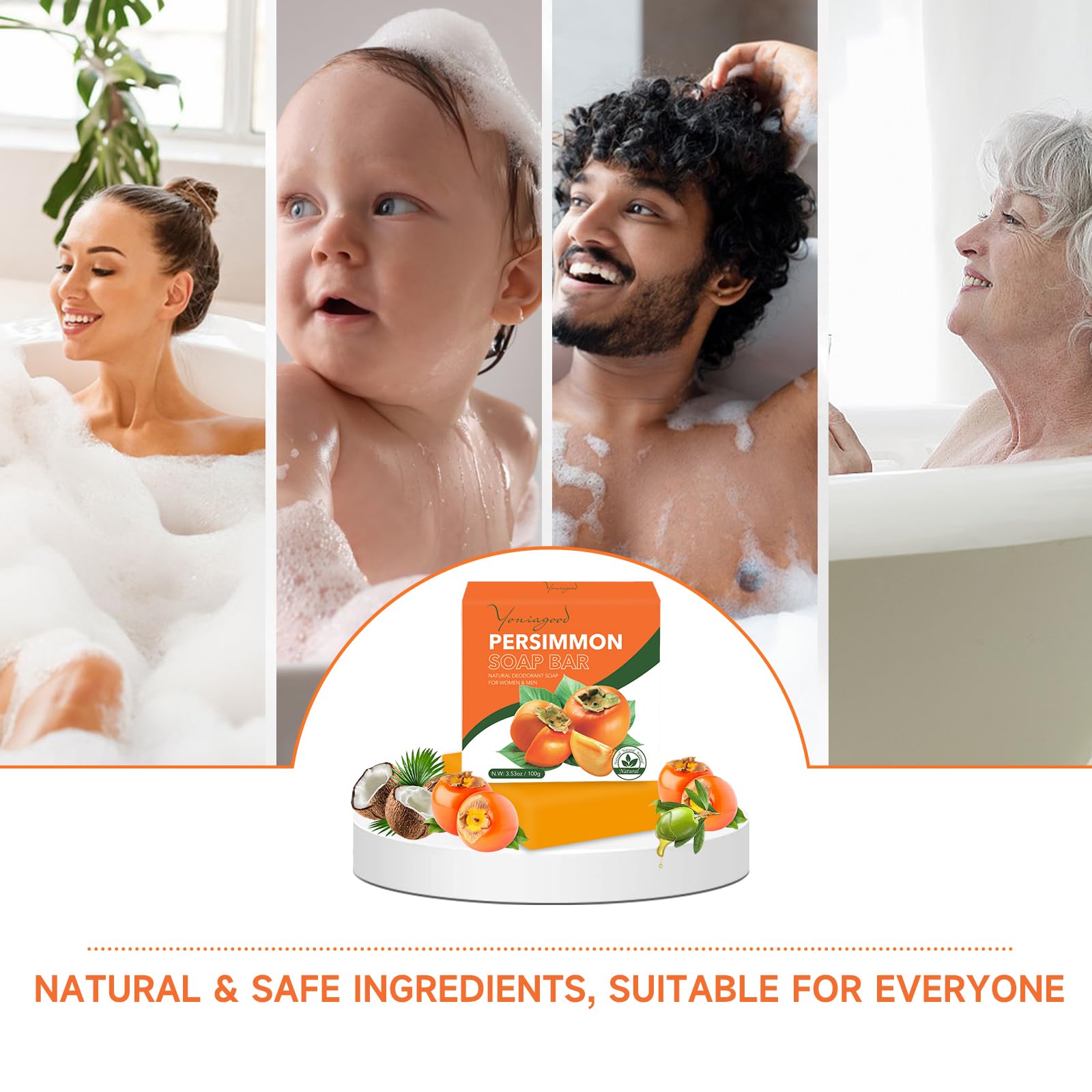 3 Pack Natural Persimmon Soap Bars for Body Odor Control - Organic Deodorant Soap for Men & Women - Eliminates Old People Smell & Unpleasant Odors - Perfect for Daily Shower, Gym, Travel & Sensitive Skin Care