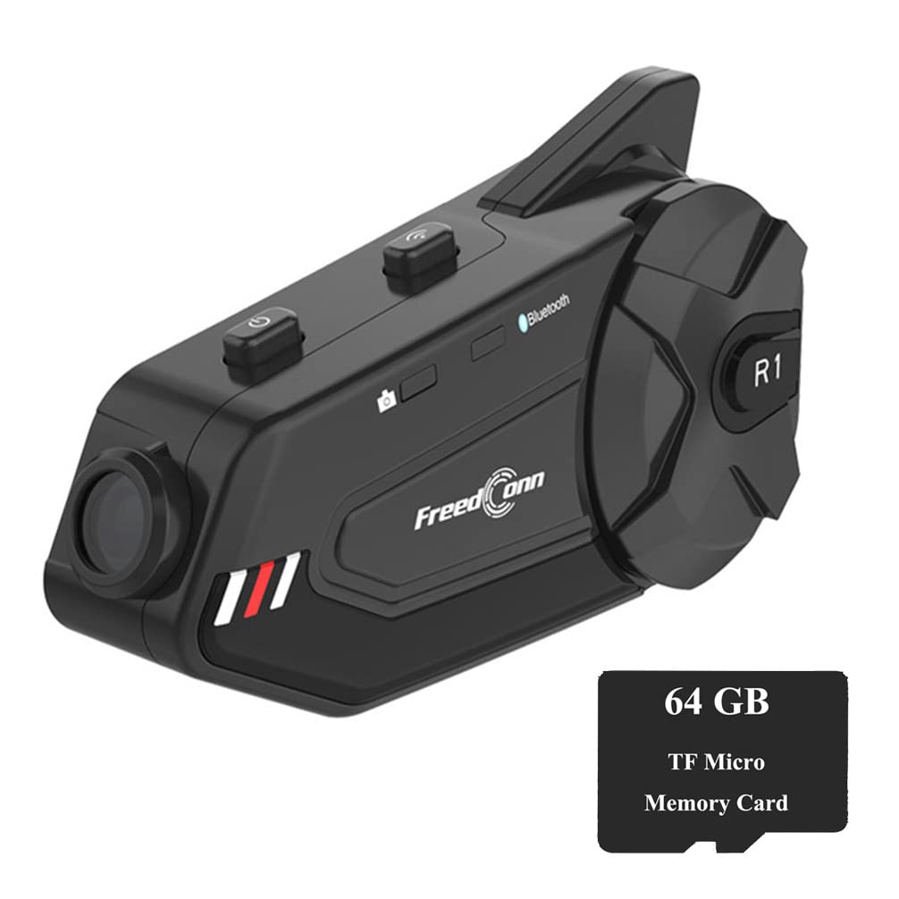 FreedConn R1 Plus Motorcycle Bluetooth Headset with 1080P Camera & 1000M Intercom - Wireless Helmet Speaker, 6-Rider Communication, Dash Cam for Motorcycling, Skiing & Outdoor Adventures (Includes 64GB TF Card)