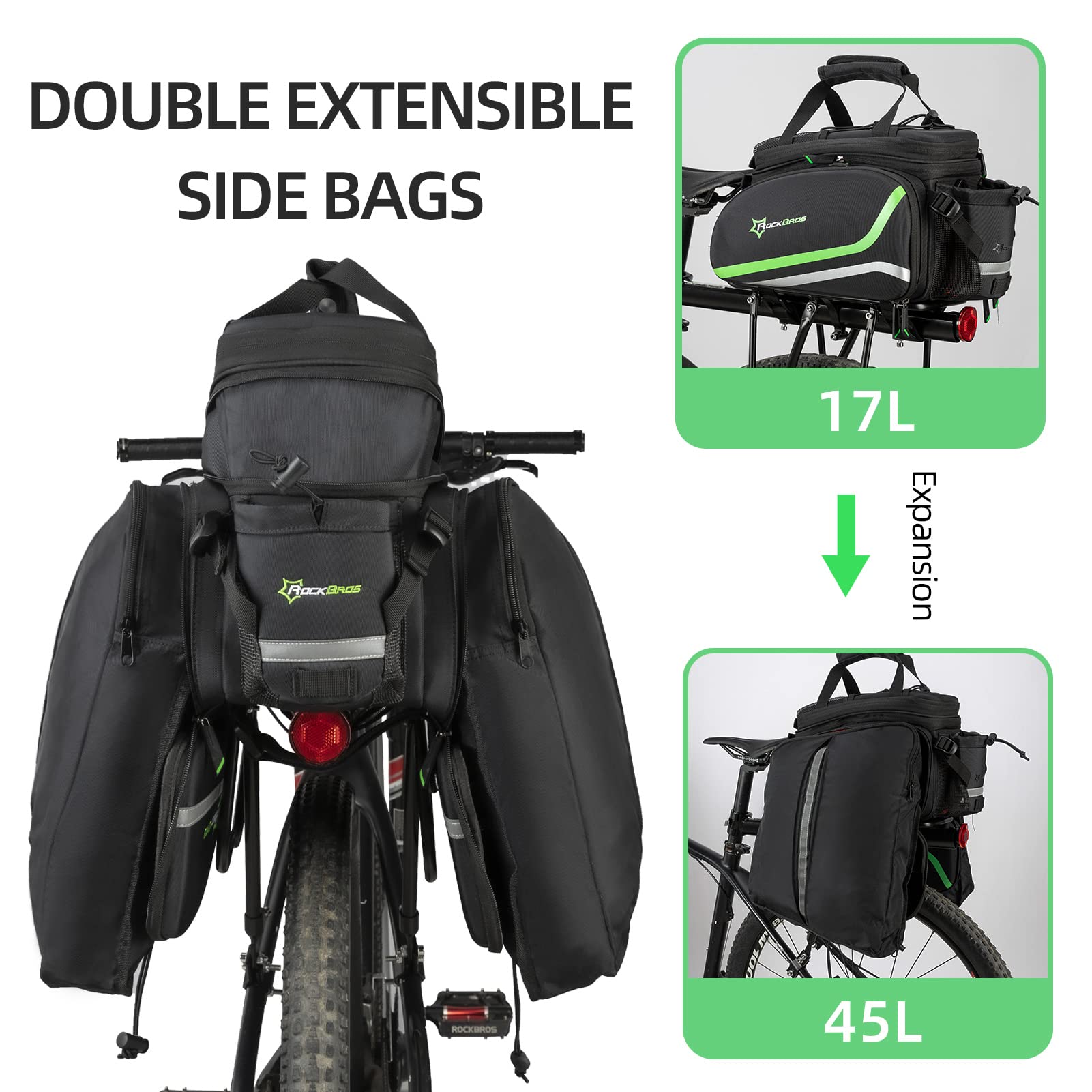 ROCKBROS Waterproof Bike Panniers - Rear Bicycle Rack Bag for Commuting, Touring & Travel - Durable Cargo Carrier with Reflective Strips (Green) - Perfect for Daily Commute, Camping Trips & Grocery Shopping
