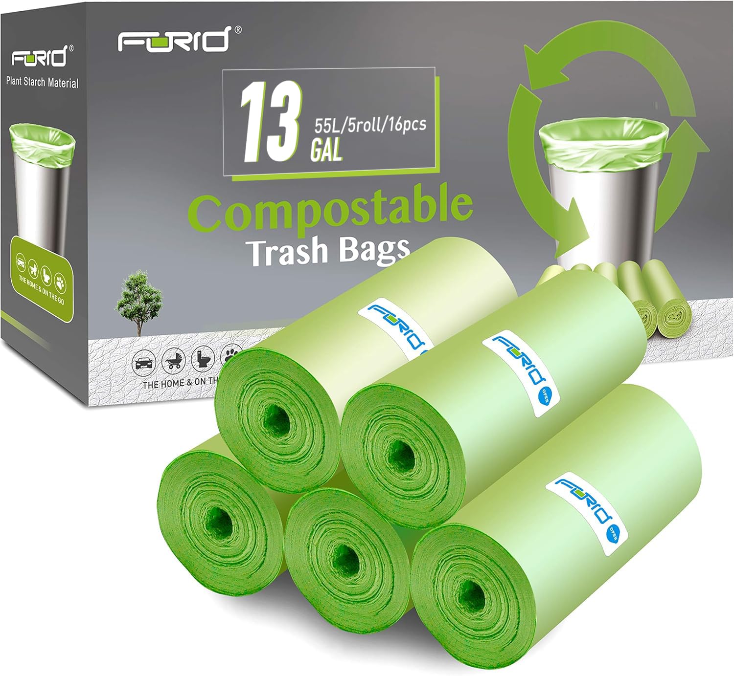 Eco-Friendly Compostable Trash Bags - 13 Gallon (55 Liter) Tall Kitchen Garbage Bags, 80 Count Unscented Biodegradable Trash Can Liners for Home, Office, Bathroom & Bedroom Waste - Perfect for Sustainable Living & Organic Waste Disposal (5 Rolls, Green)