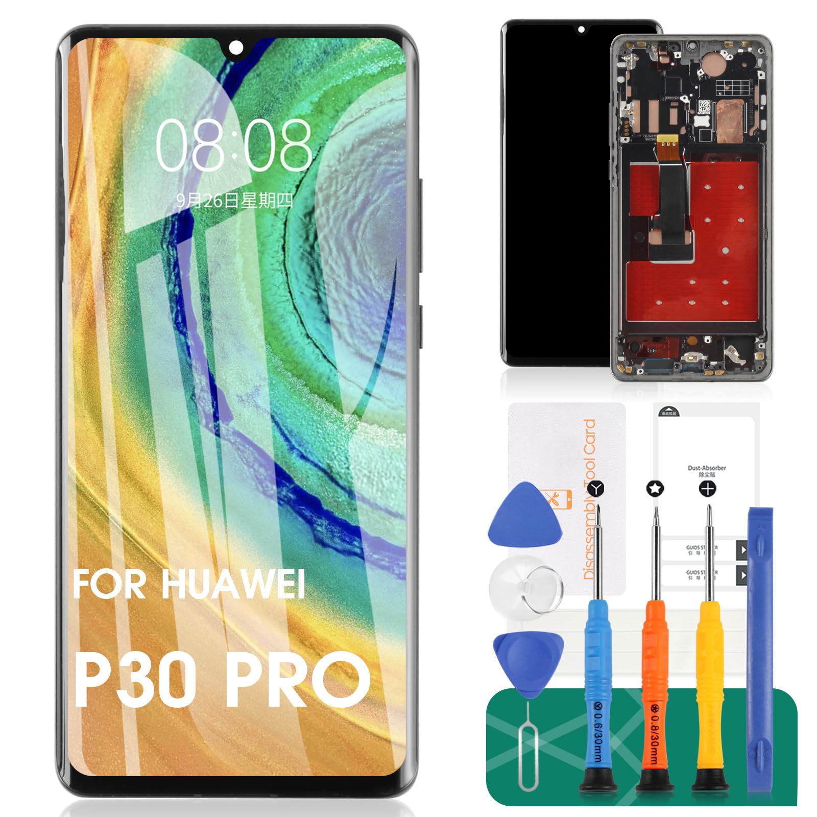 Original OLED Screen Replacement for Huawei P30 Pro - VOG-L29/VOG-L09/VOG-AL00/VOG-TL00 LCD Display with Touch Digitizer & Frame (Fingerprint Compatible) - Perfect for DIY Phone Repair & Screen Replacement at Home
