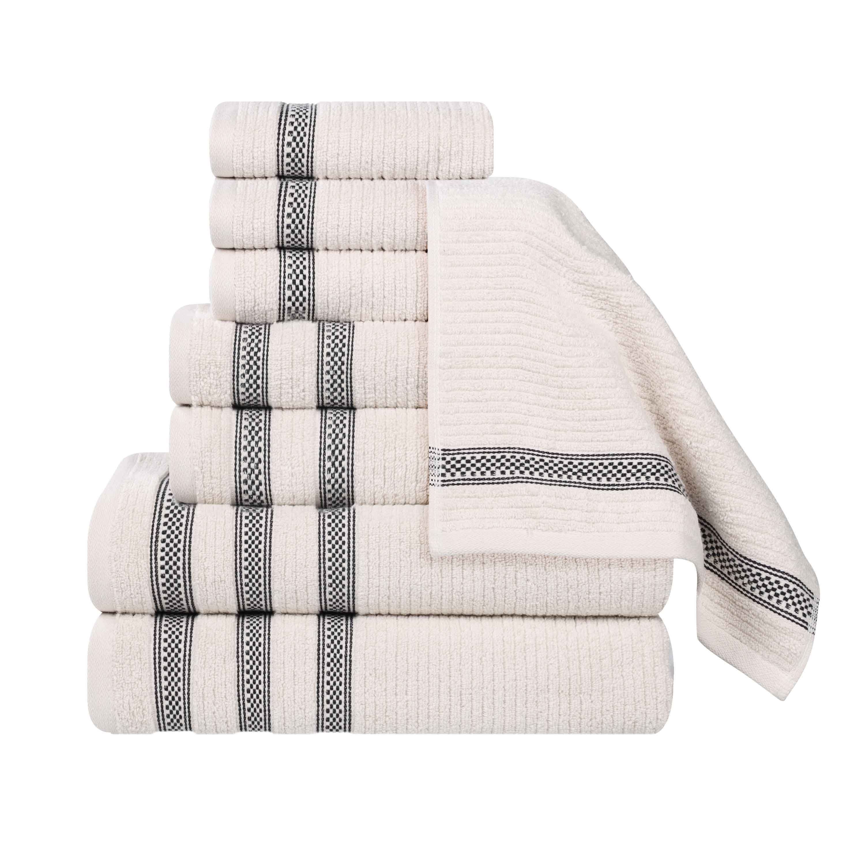 Premium Zero Twist Cotton Ribbed Geometric Border 8-Piece Towel Set | Ultra Soft Bath & Beach Towels for Spa, Pool & Home Decor