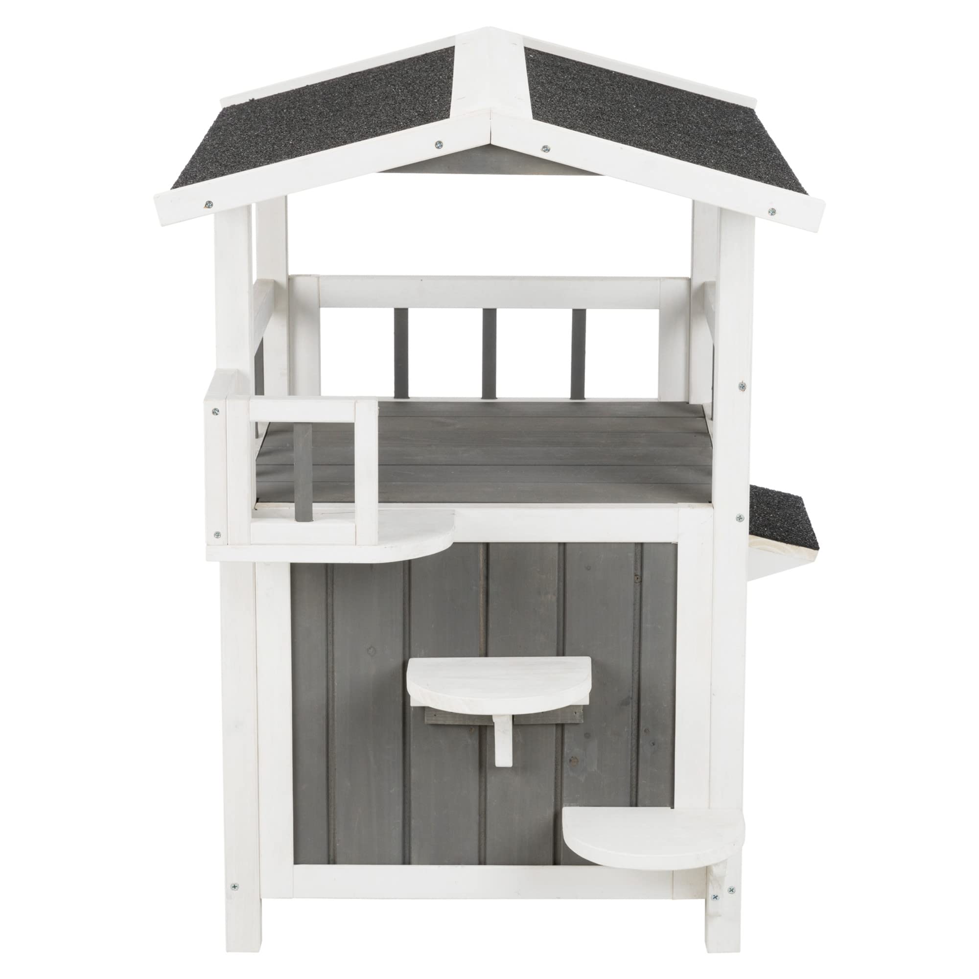 TRIXIE Weatherproof 2-Story Outdoor Cat House with Balcony, Shade & Side Steps - Durable Wooden Shelter for Cats & Small Dogs - Gray/White Fir Wood - Perfect for Backyard, Patio & Garden Use