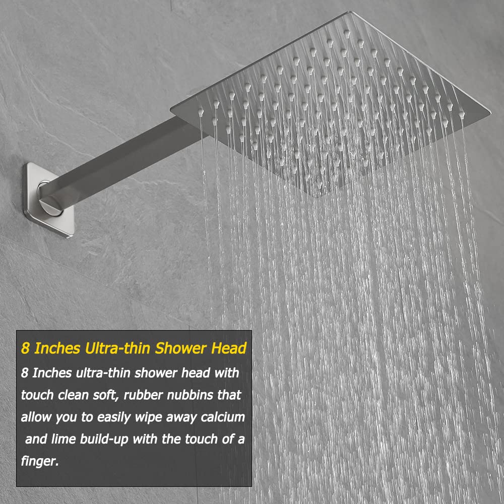 Luxury Brushed Nickel Shower System - Wall Mounted Rainfall Shower Head Combo Set with Brass Faucet & Rough-in Valve (Perfect for Modern Bathroom Renovations & Spa-Like Shower Experience)