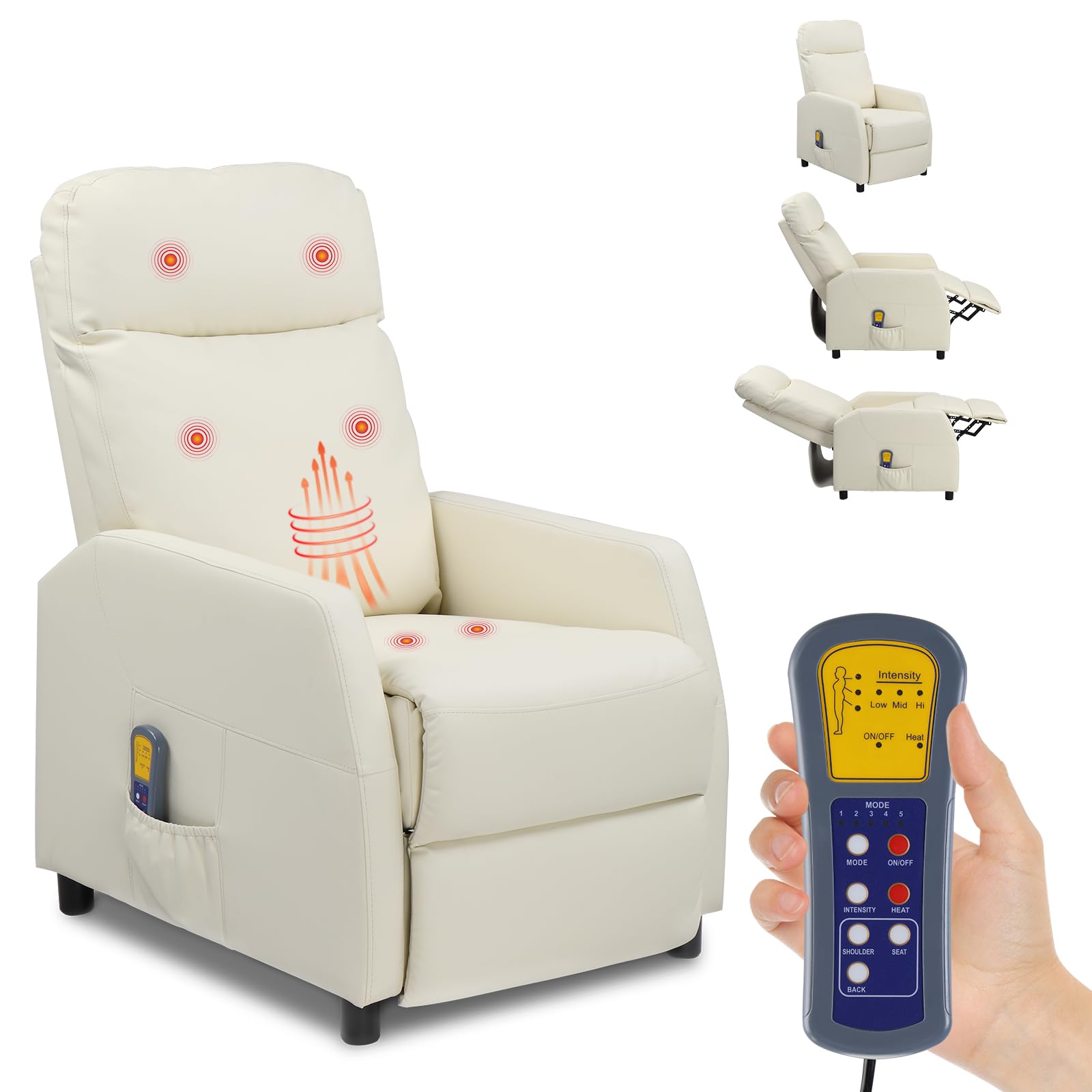 LEADZM Electric Massage Recliner Chair with Heating, Manual Rocking Backrest, Cream White PU Leather - Perfect for Living Room, Bedroom & Home Theater Relaxation
