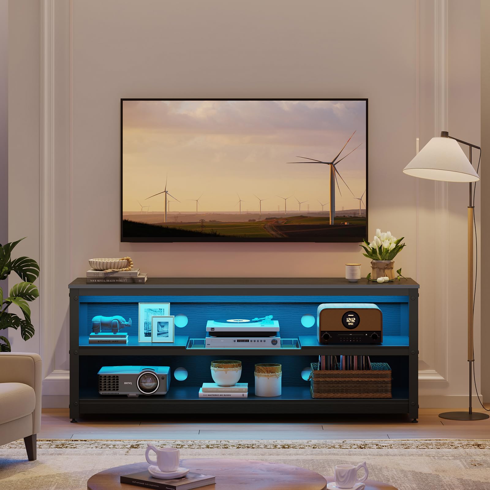 Bestier 60 Inch Gaming TV Stand with LED Lights - Modern Industrial Entertainment Center with Adjustable Shelves & Storage, Black - Perfect for Living Room, Bedroom & Game Room Setup