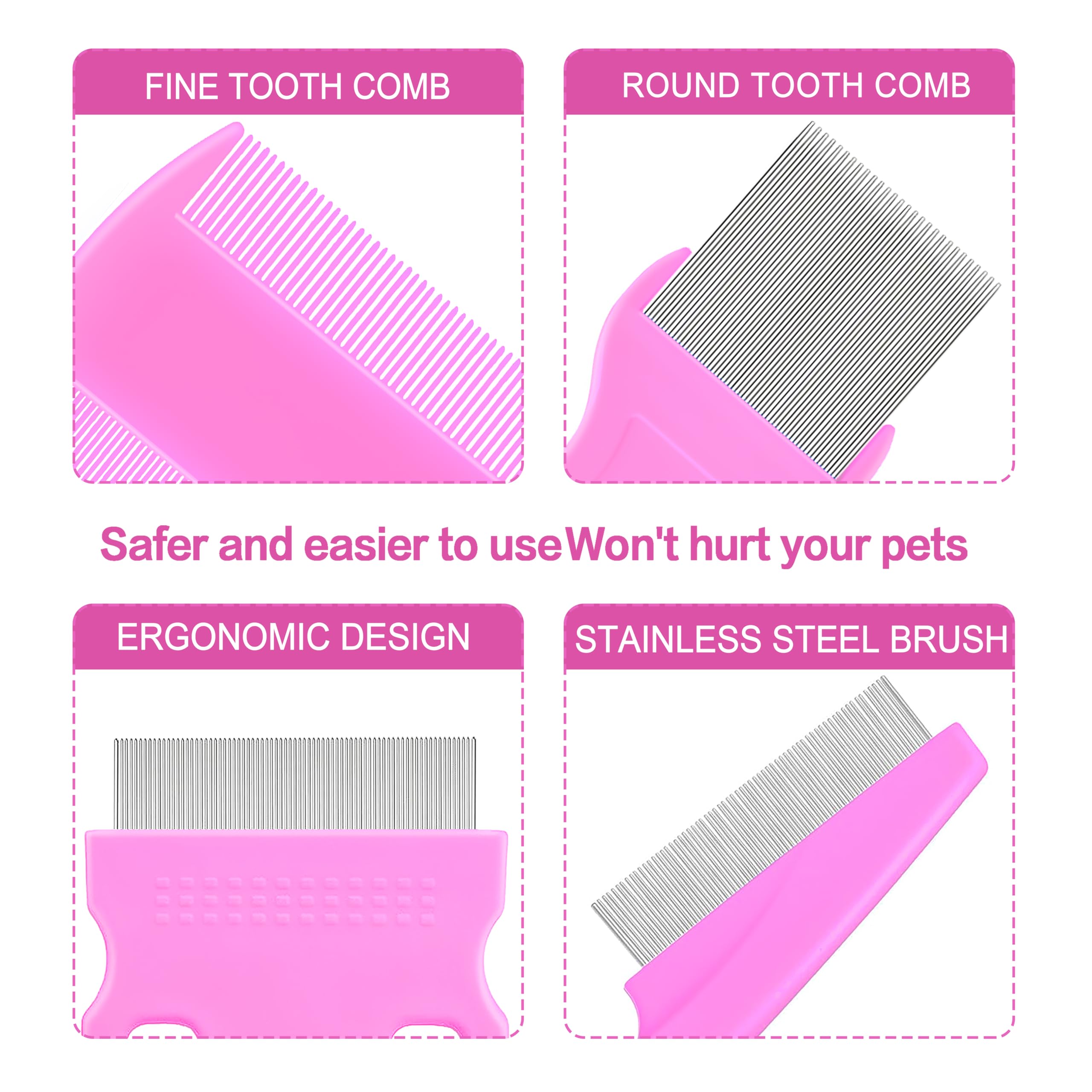 5 Pack Stainless Steel Flea & Lice Comb for Dogs & Cats - Double-Sided Grooming Comb with Rounded Teeth, Tear Stain Remover & Dematting Tool - Ideal for Small, Medium & Large Pets (Pink) - Perfect for Daily Grooming, Flea Control & Pet Hygiene Care
