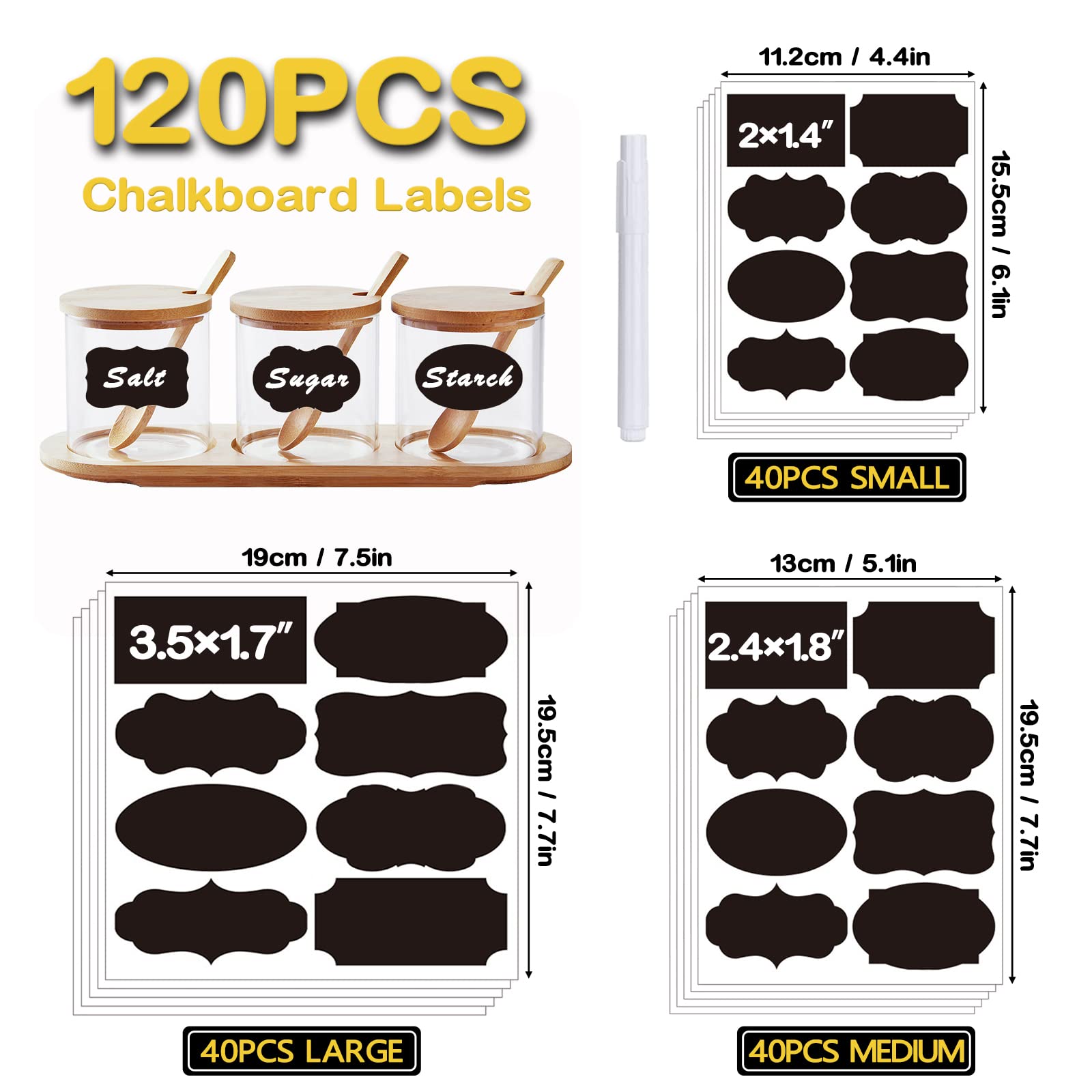 120pcs Reusable Chalkboard Labels for Containers - Waterproof Blackboard Stickers with White Chalk Marker | Perfect for Pantry Organization, Glass Jar Labeling & Coffee Cup Marking (Black Chalk Labels for Storage Bins)
