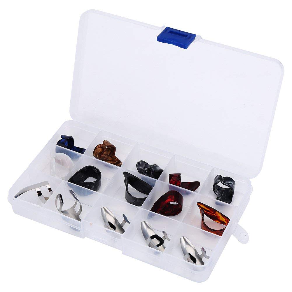 15Pcs Guitar Picks Variety Pack with Plastic Storage Box - Durable Thumb Picks & Finger Protectors for Guitar Training, Practice & Live Performances - Perfect for Beginners & Professional Musicians