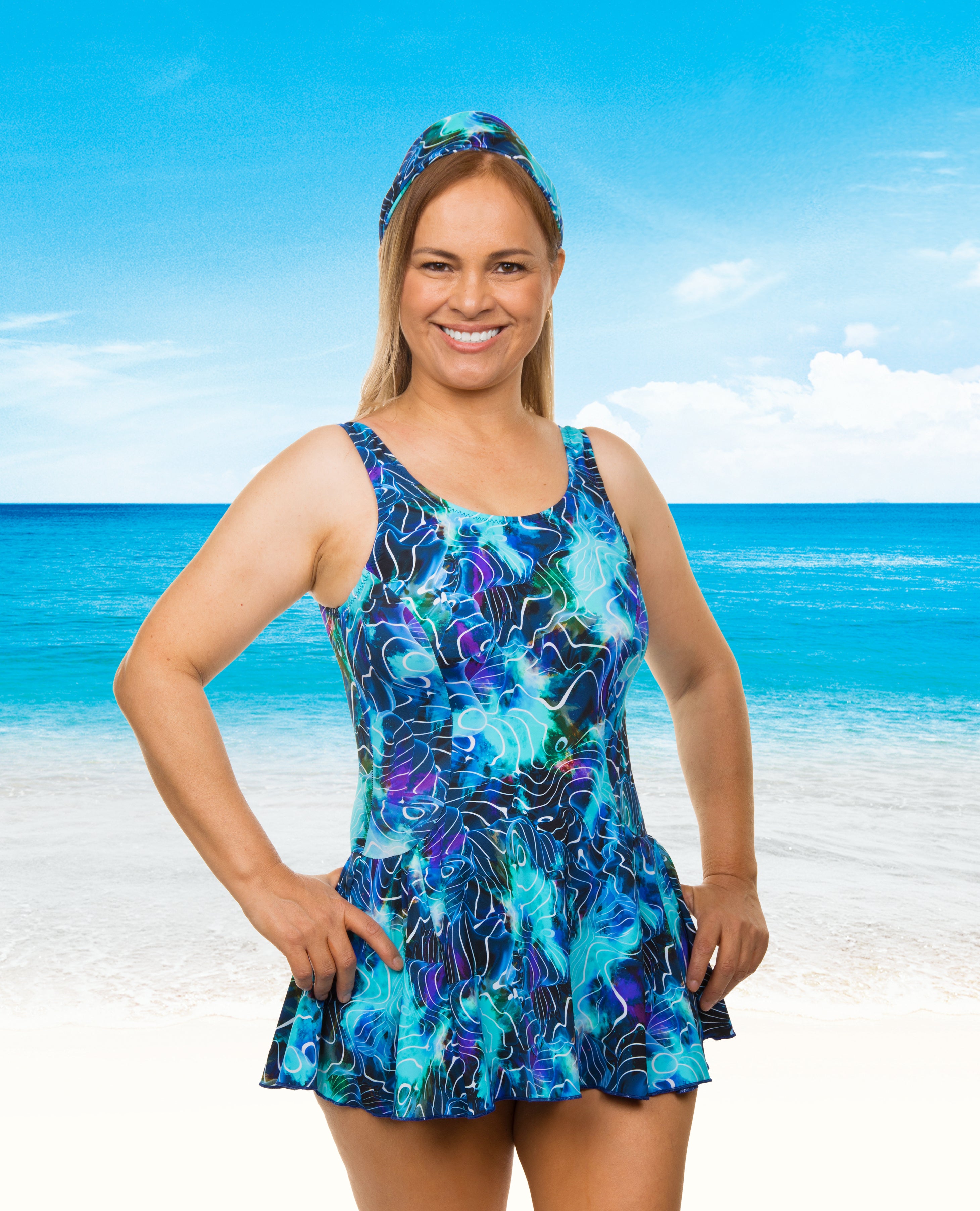 Electric Ocean Princess Swimdress - Girls' Floral Ruffle One-Piece Bathing Suit for Beach, Pool & Summer Vacations