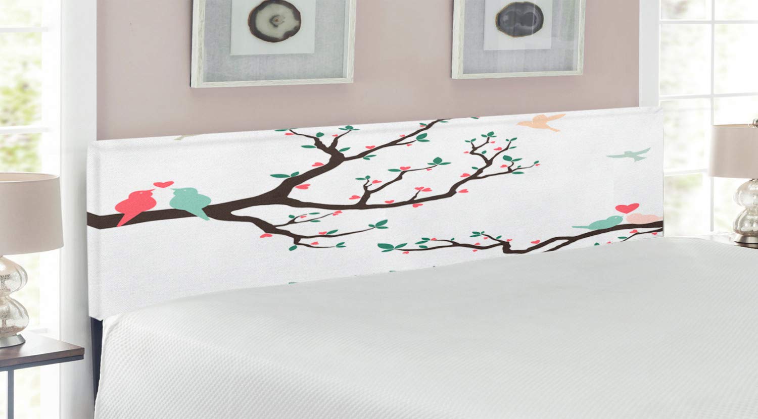 Ambesonne Love Headboard - Vintage Birds on Tree Branch Design, Upholstered Decorative Metal Bed Frame with Memory Foam, King Size in Green, Pink & Brown - Perfect for Romantic Bedroom Decor & Couples' Master Suite