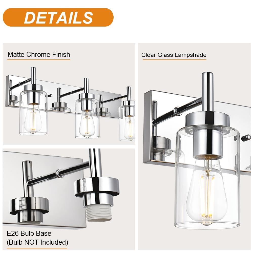 Modern Bathroom Lighting Fixture - 4-Light Vanity Light with Clear Glass Shade, Chrome Finish Industrial Wall Sconce for Bedroom & Hallway (Patent No. US D958,438 S) - Perfect for Contemporary Home Decor, Spa-Like Bathrooms and Elegant Entryways