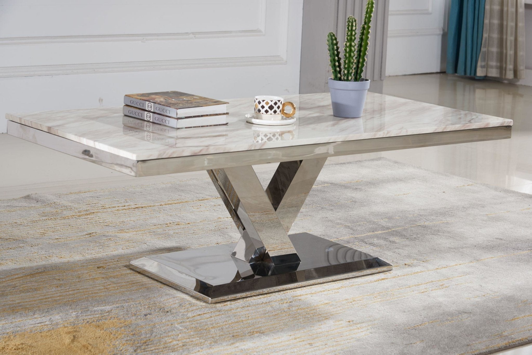 Modern Chrome & Faux Marble Coffee Table - Stylish Living Room Centerpiece for Small Spaces & Apartments | Perfect for Entertaining & Relaxing