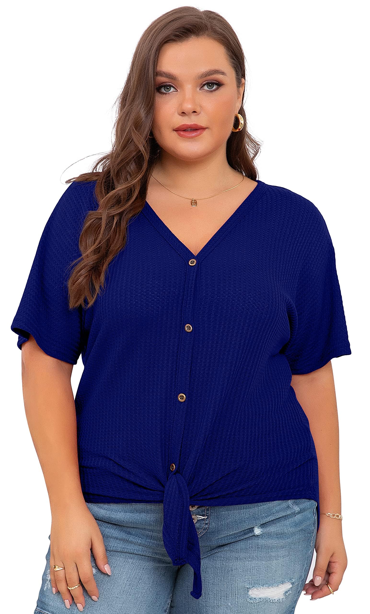 OLRIK Women's Plus Size Short Sleeve V-Neck Waffle Knit Tunic Blouse with Tie Front & Button Up - Casual Office Wear & Spring Layering Essential