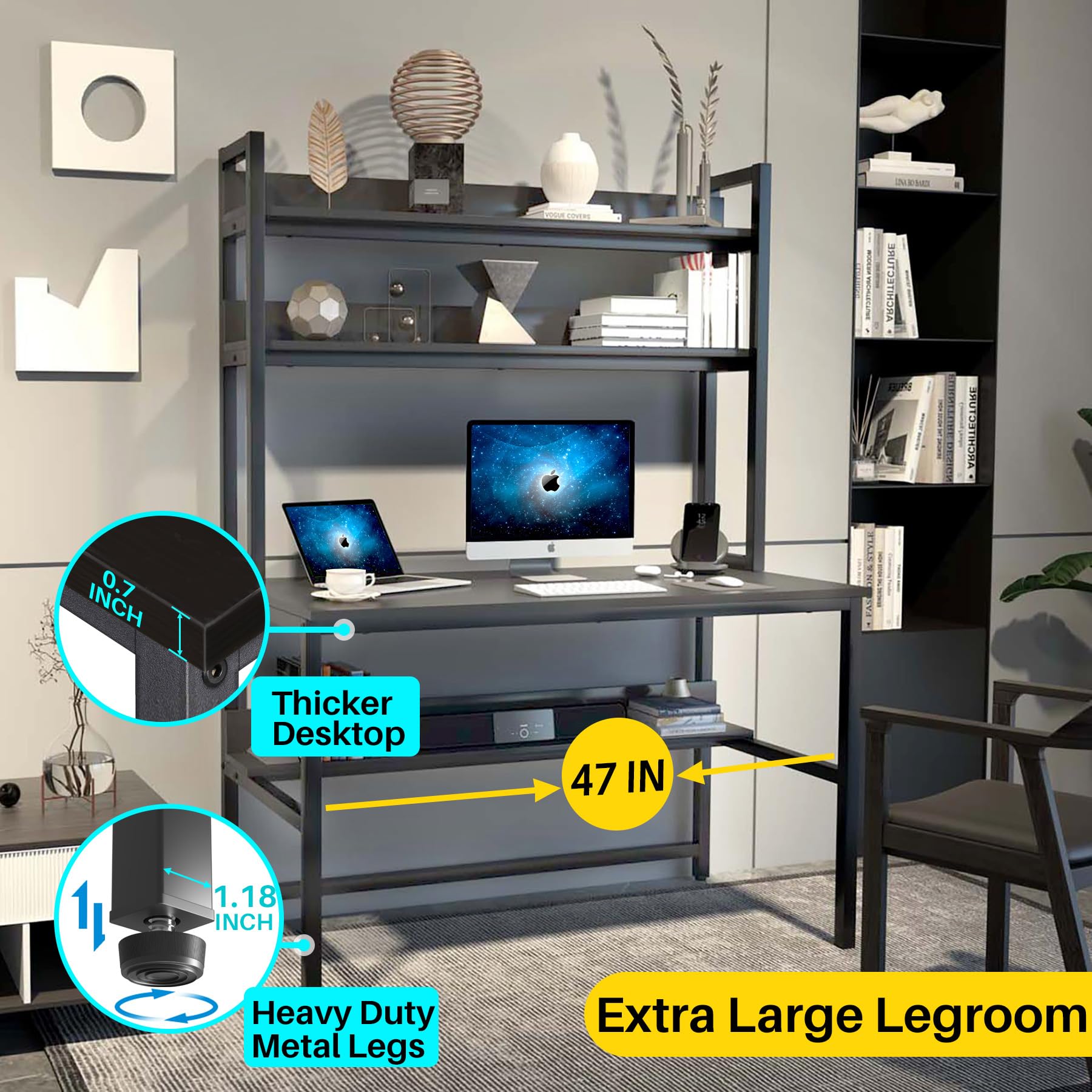 Black Computer Desk with Hutch & Bookshelves - 47