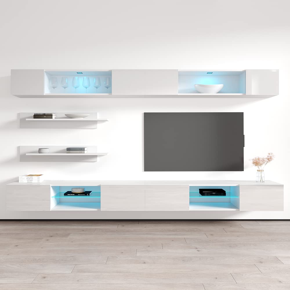 Modern White Wall-Mounted TV Stand with Storage Shelves & LED Lights - Floating Entertainment Center Console for Living Room & Bedroom - Space-Saving I3 33TV Media Unit - Perfect for Small Apartments, Home Theaters, and Stylish Decor