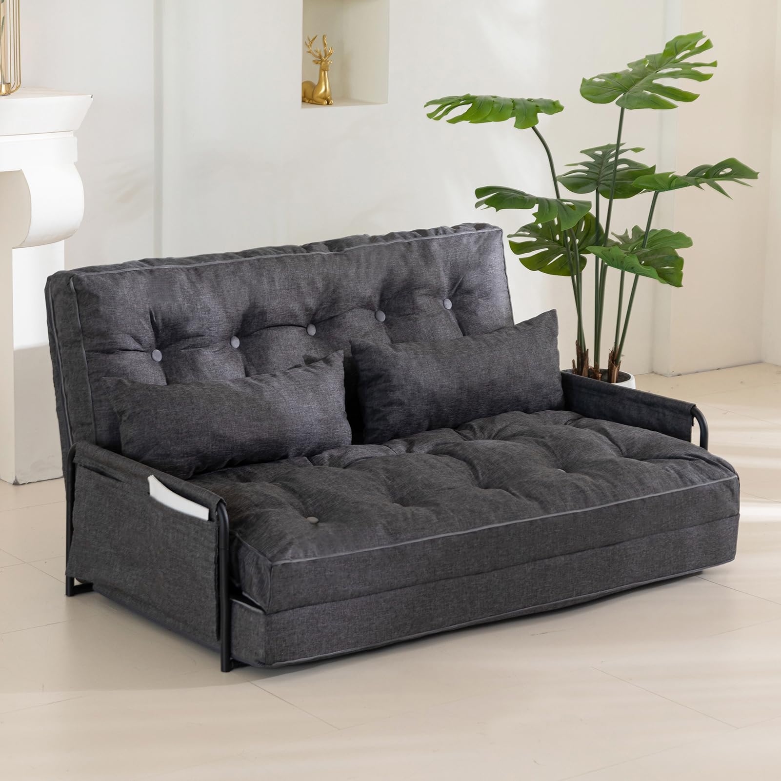 MAXYOYO Adjustable Floor Sofa Bed - Multi-Functional Folding Couch Bed with 2 Pillows, Grey - Perfect for Small Spaces, Guest Rooms & Living Room Lounging