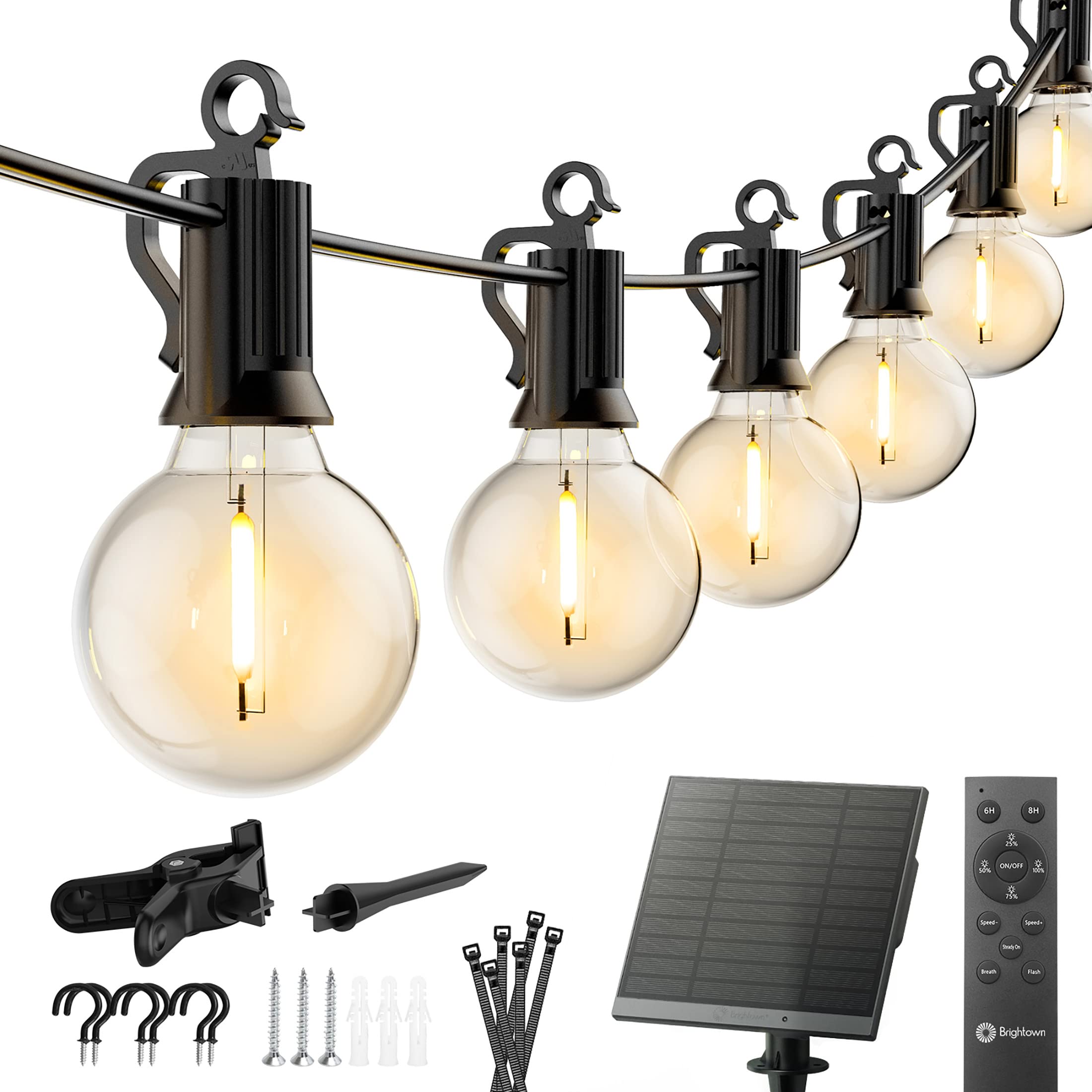 Brightown 58FT Solar String Lights Outdoor with Remote - 48+10 LED G40 Patio Lights, 26 Shatterproof E12 Bulbs, 3 Light Modes & Dimmable - Waterproof Hanging Lights for Backyard, Garden, Wedding, Party Decor