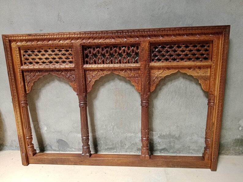 Handcarved Jharokha Arch Design Mirror 80x110x10cm - Exquisite Wooden Wall Mirror with Indian Mughal Style for Living Room, Bedroom & Entryway Decor