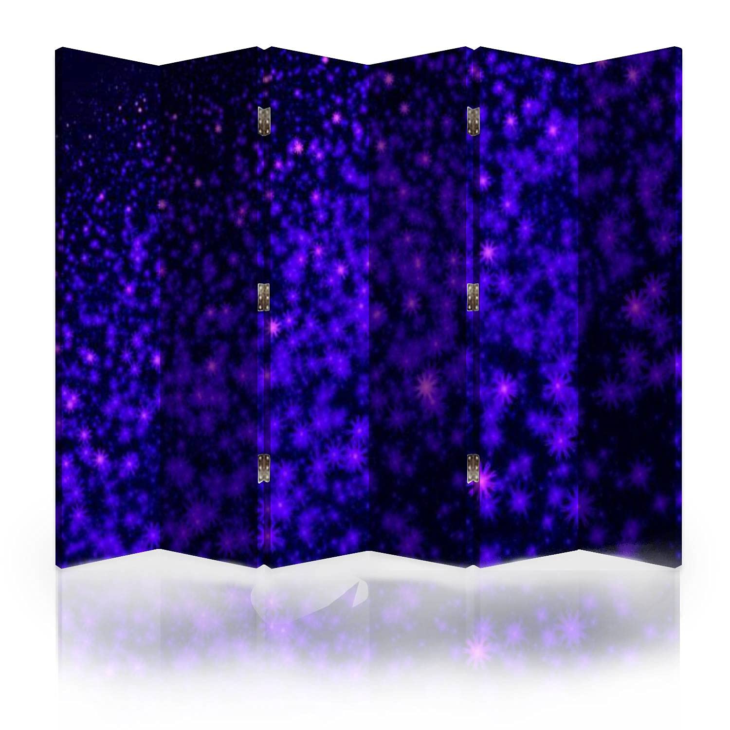 6-Panel Canvas Room Divider Screen - Abstract Blue Purple Stars & Snowflakes with Cosmos Flower Garden Pattern | Folding Privacy Partition for Bedroom, Office & Living Room | Space-Saving Room Separator & Wall Decor