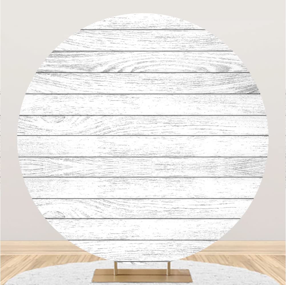Canessioa 3x3ft White Wood Round Photo Backdrop - Vintage Rustic Polyester Fabric for Wedding, Birthday Party & Baby Shower Decor - Perfect for Cake Table, Photo Booth & Social Media Backgrounds