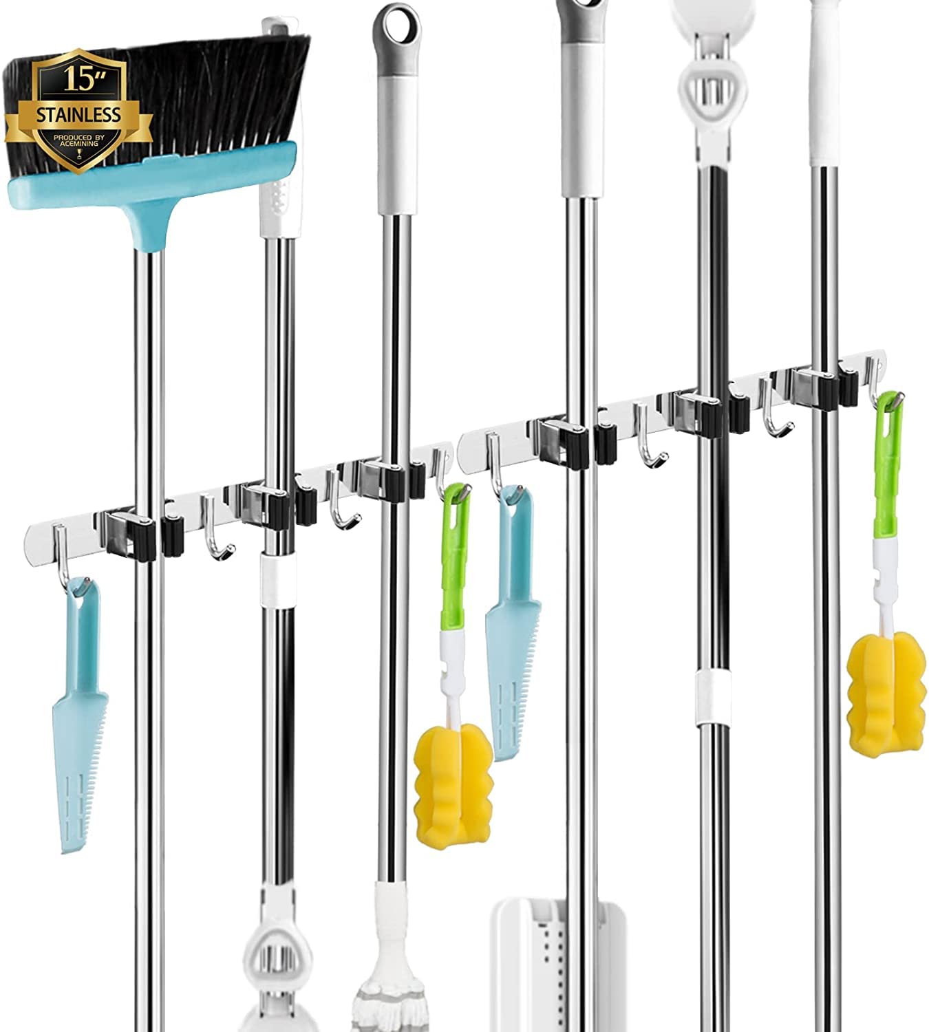 2 Pack Heavy Duty Stainless Steel Broom and Mop Holder Wall Mount - 3 Racks & 4 Hooks Garage Organizer, Self-Adhesive Non-Slip Wall Hangers for Home Kitchen Garden - Perfect for Garage, Pantry, and Laundry Room Storage Solutions