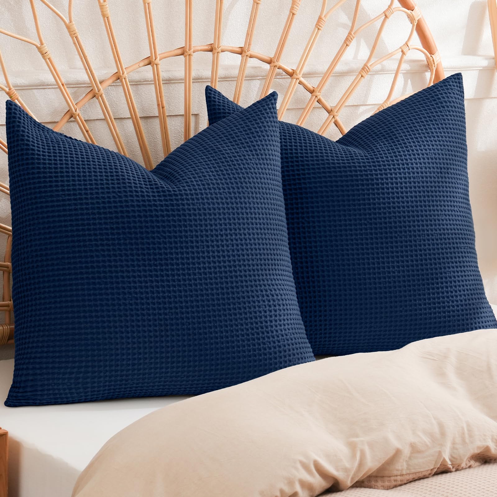 PHF 100% Cotton Waffle Weave Throw Pillow Covers - 16x16 Inch Square Decorative Pillow Cases (2 Pack) - No Insert - Soft Breathable Sofa Couch Bed Pillow Shams - Bright Navy Blue - Perfect for Living Room, Bedroom & Home Decor