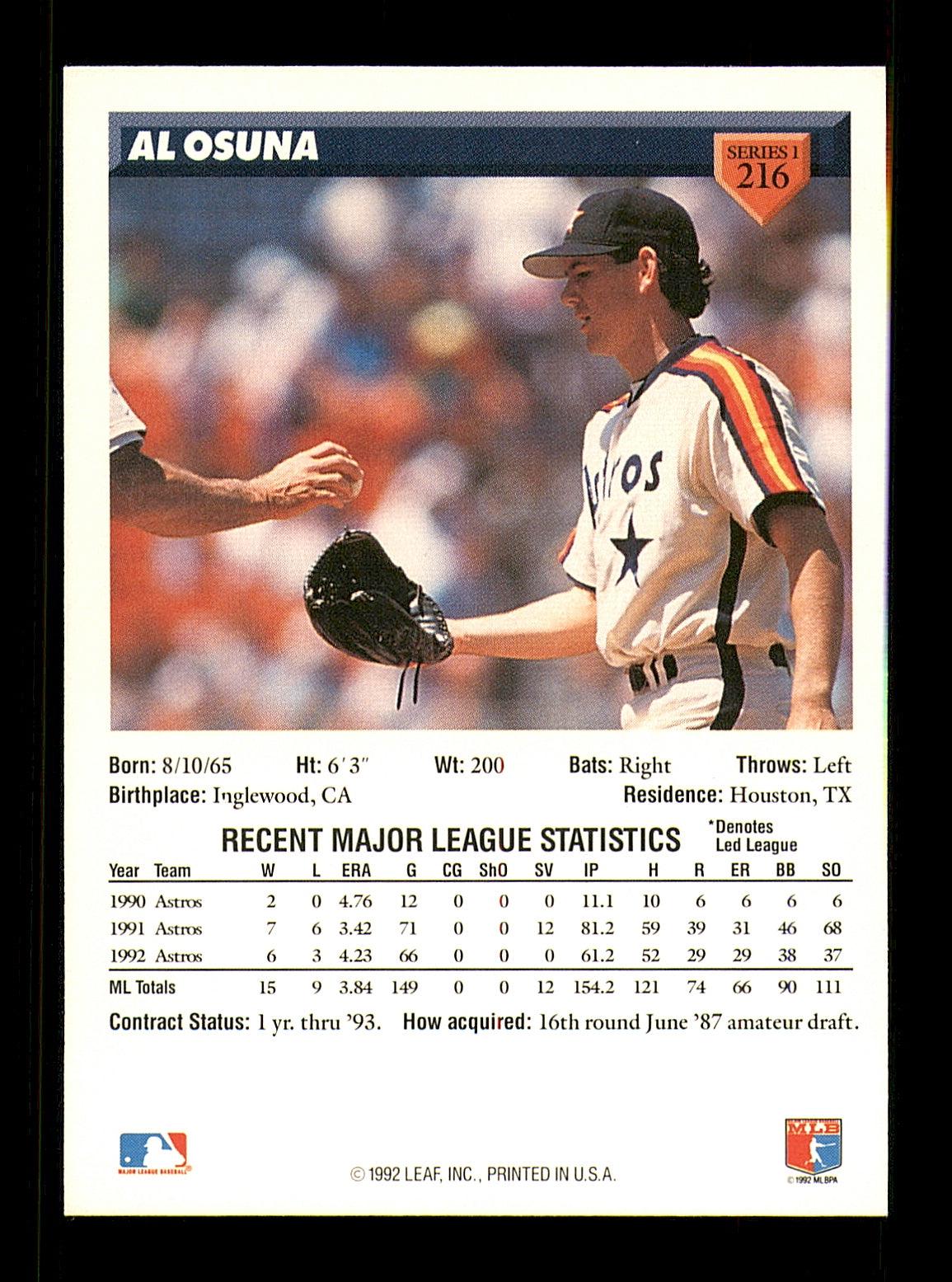 Al Osuna Autographed 1993 Donruss Baseball Card #216 - Houston Astros Collectible - Limited Edition SKU #184646 - Perfect for MLB Memorabilia Collections & Sports Fans Gifts