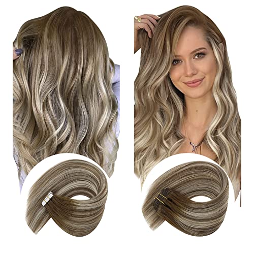 Clip-in Human Hair Extensions #6/60/6 Brown Ombre Blonde - 16 Inch Silky Straight Tape-in Extensions (120g+50g) for Volume & Length - Perfect for Parties, Weddings & Daily Styling