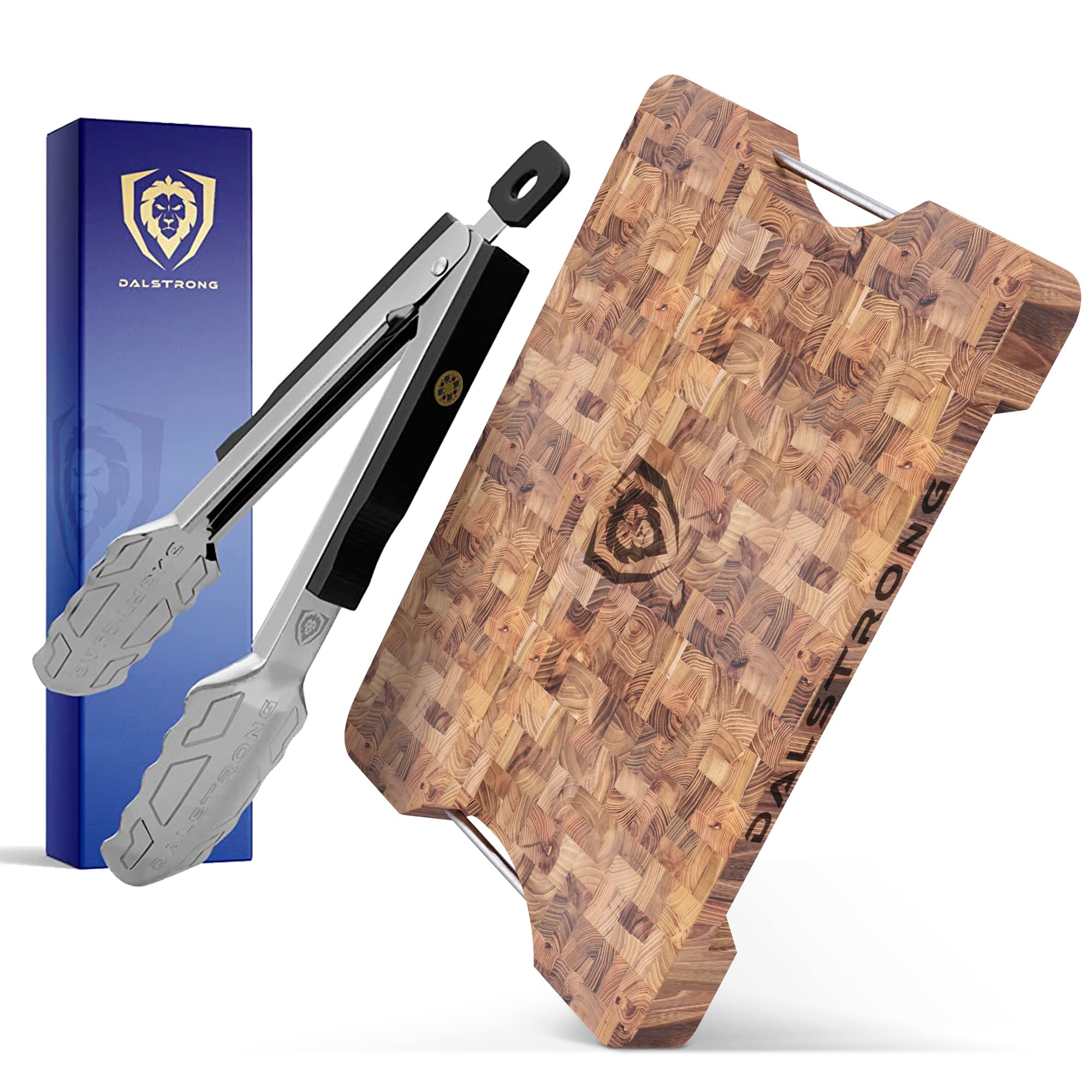 Premium DALSTRONG Corner Counter Cutting Board - End-Grain Teak Wood with Stainless Steel Food Tongs (9