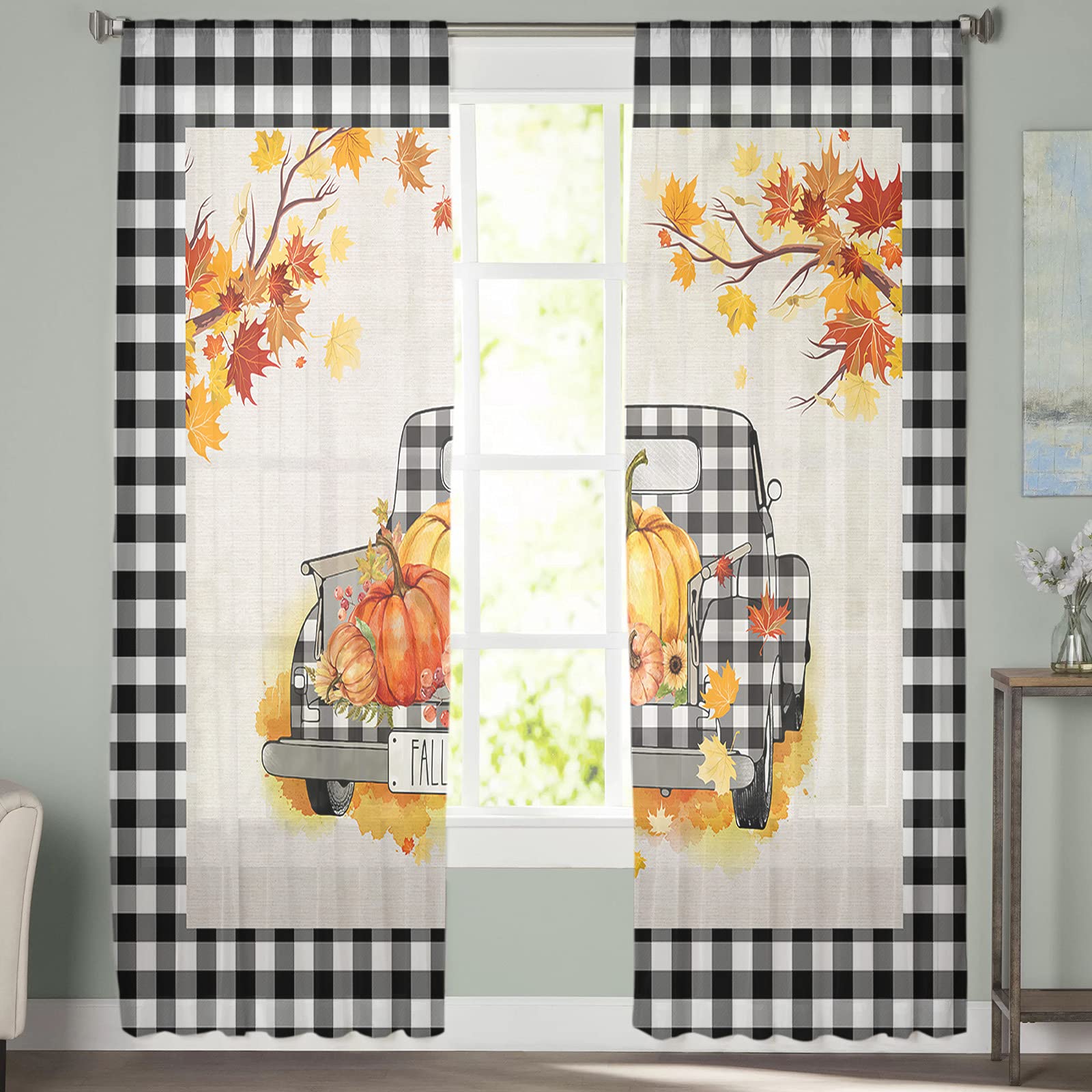 72 Inch Semi-Sheer Voile Curtains - 2 Panel Set with Rod Pocket | Autumn Maple Plaid Truck & Pumpkin Print | Light Filtering Window Drapes for Kitchen, Bedroom & Living Room | Perfect for Fall Decor & Cozy Home Atmosphere