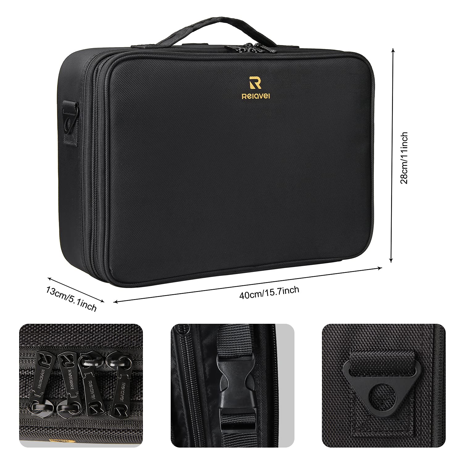 Relavel Large Professional Makeup Train Case - 16.5 Inch Waterproof Cosmetic Organizer with Adjustable Strap, 3-Layer Brush Holder & Storage Box for Travel, Makeup Artists & Beauty Enthusiasts | Perfect for Salon, Home Use & On-The-Go Touchups