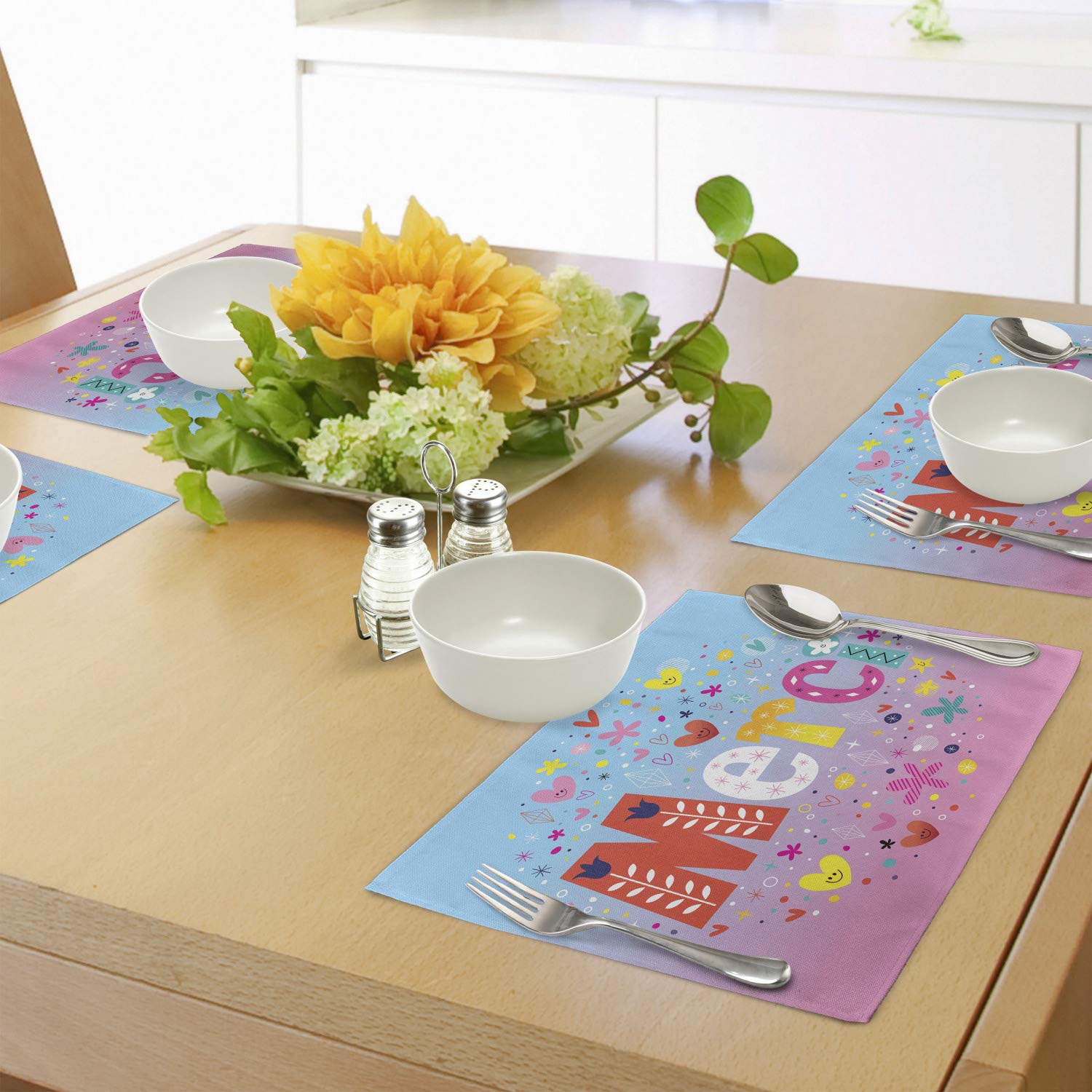 Ambesonne French Place Mats Set of 4 - Parisian Design with Merci Thank You & Hearts Flowers Print | Washable Fabric Placemats for Dining Table & Kitchen Decor | Perfect for French-Themed Dinners, Holiday Gatherings & Home Styling