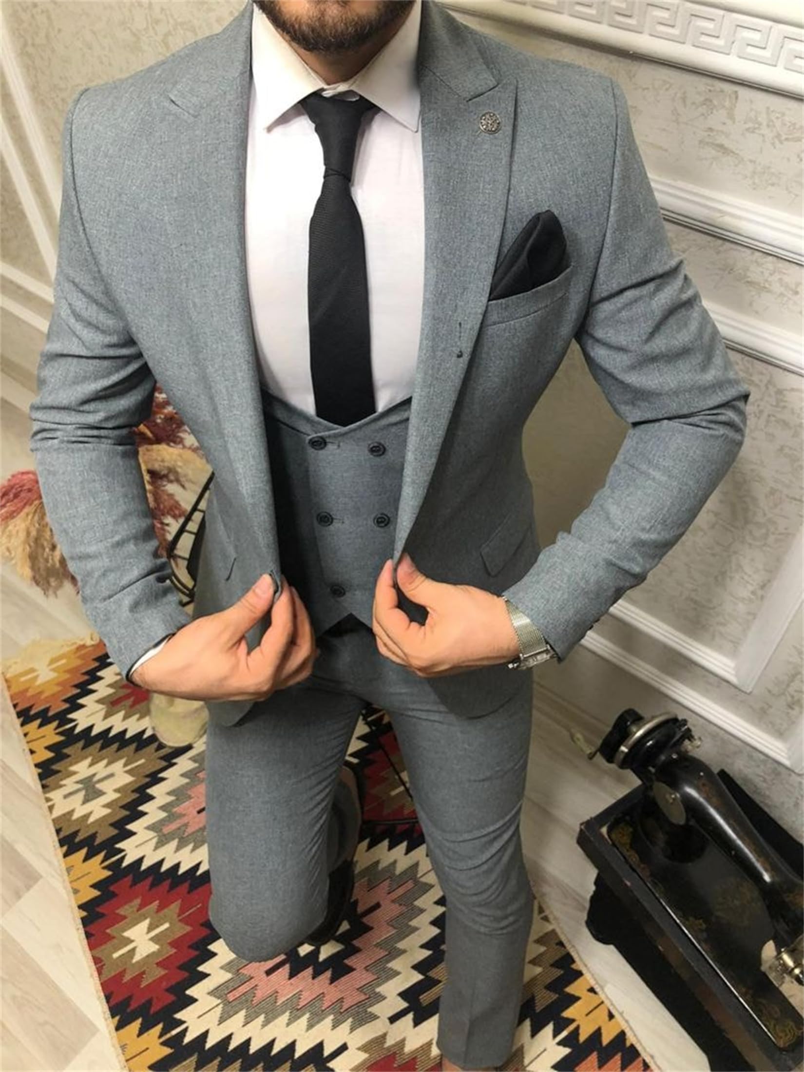 Double Breasted 3 Piece Men's Suit Set - Slim Fit Peak Lapel One Button Blazer with Vest & Pants | Formal Business Attire for Wedding, Office & Special Occasions