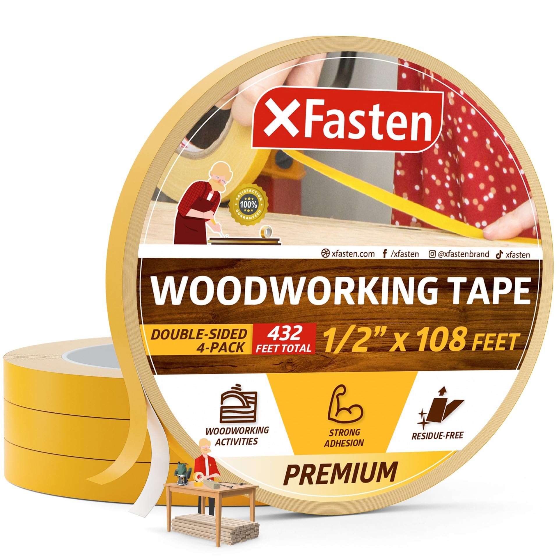 XFasten Double Sided Woodworking Tape 1/2 Inch x 36 Yards (4-Pack) - Strong Adhesive Wood Turner's Tape for Woodworking, Template Making, Edge Banding, Routing and Anchoring | Removable & Residue Free | Perfect for DIY Projects, Furniture Making and Crafting
